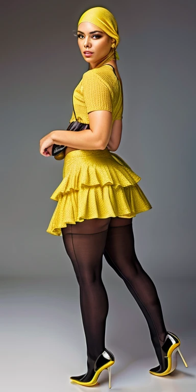uma mulher com blusa branca e saia amarela posando para uma foto, wearing honey - themed miniskirt, Saia Curta, mini saia, babado, amarelo, saia curta bonita, de bermuda, amarelo claro, usando saia, shorts, saia, side view, Roupas amarelas, lado - vista, vista lateral, roupa de babados, Frescuras