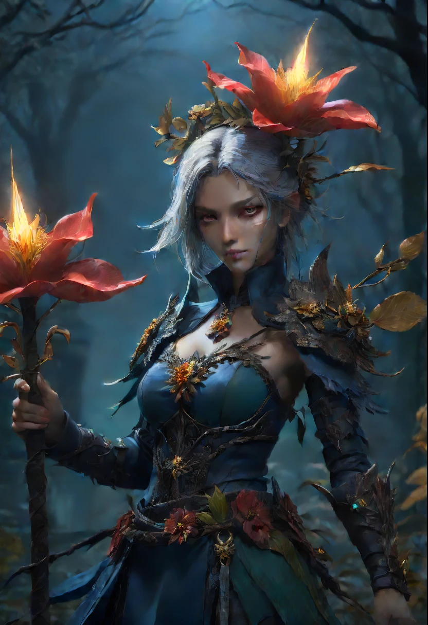 (Lycorisradiata close-up:1.5),Charming flower of the other side,Mysterious Manzhu Shahua,A bloody ghost flower blooming at the gate of hell,Leading the soul to the afterlife,Evil charm,Flirtatious,uncanny,Magic Sword,Legendary magic sword,Glory Magic Sword,Alloy iron flower,Alloy vines surround the magic sword,There are iron flowers on the sword,heavy metal style,metal art,flower made of iron,iron leaf,Full metallic luster,Metal texture in the post-industrial era,Crafts made from twisted alloy wire,gold flowers,Iron flower,Silver flower,metal tree branch,a crystal pendant,Emerald inlay,well-built,Perfect craftsmanship,Magic lightning background,blue lightning,There are fairies, dark flower shaman, dark fantasy concept art, bloodborne concept art, Feiyu looking for flowers, Diablo digital concept art, dark fantasy art style, Dark flowers, 🌺 CG Society, bloodborne art,