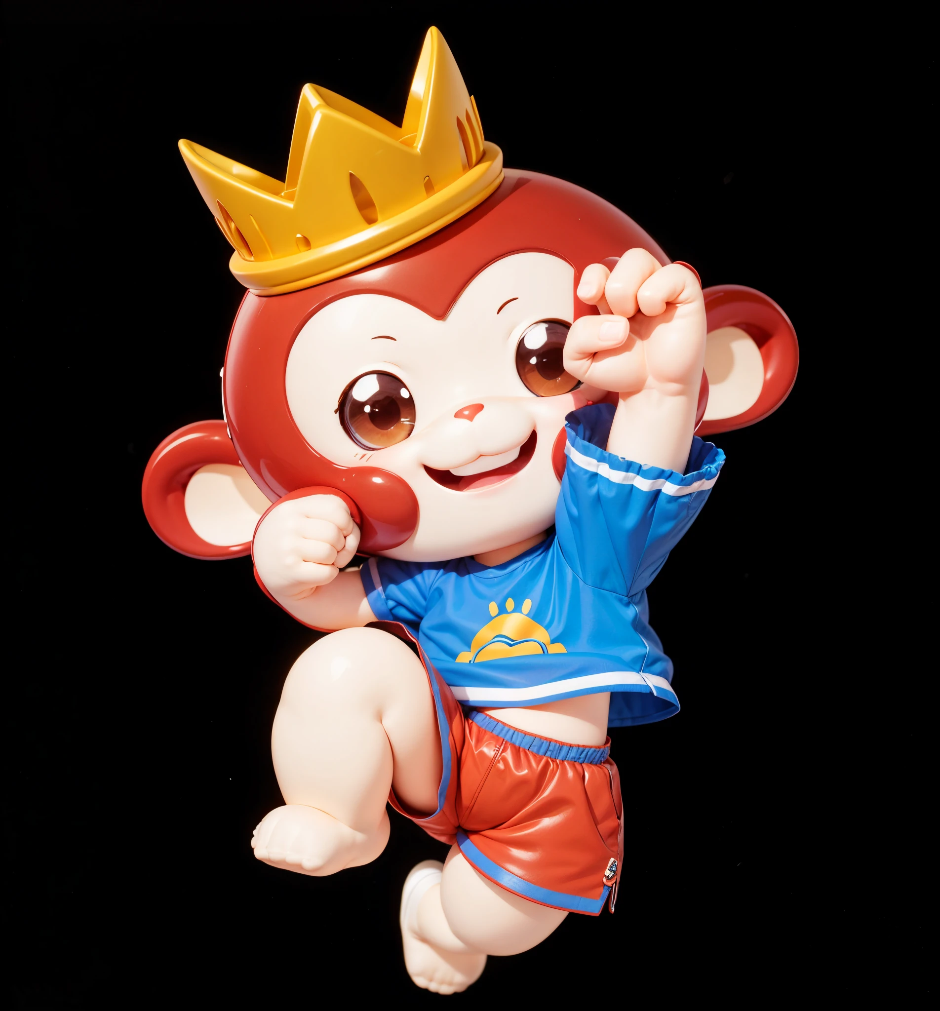 【distinct，hand of harmony】3D character style，Harmonious and clear facial features，A cute red monkey jumping，No hair，Laughing expression（Best quality））， （（tmasterpiece））， （ The content is very detailed， highest details， offcial art， Beauty and aesthetics：1.2）， depth of fields， Composition of the whole body， （Chibi）， （extremely happy：1），simple yellow crown，Cute face，blue short sleeves，Red sports shorts，athletic sneakers，jumpping