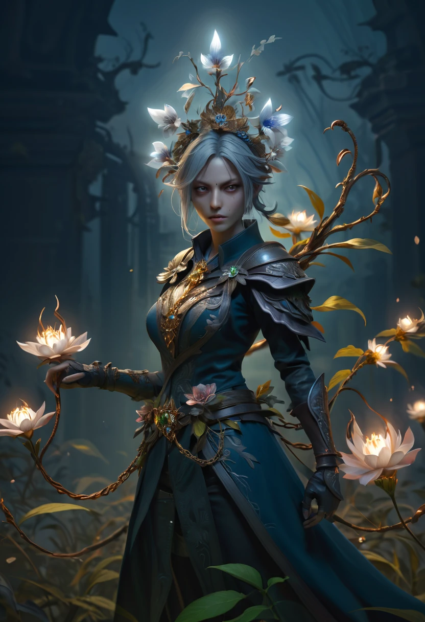 (Lycorisradiata close-up:1.5),Charming flower of the other side,Mysterious Manzhu Shahua,A bloody ghost flower blooming at the gate of hell,Leading the soul to the afterlife,Evil charm,Flirtatious,uncanny,Magic Sword,Legendary magic sword,Glory Magic Sword,Alloy iron flower,Alloy vines surround the magic sword,There are iron flowers on the sword,heavy metal style,metal art,flower made of iron,iron leaf,Full metallic luster,Metal texture in the post-industrial era,Crafts made from twisted alloy wire,gold flowers,Iron flower,Silver flower,metal tree branch,a crystal pendant,Emerald inlay,well-built,Perfect craftsmanship,Magic lightning background,blue lightning,There are fairies, dark flower shaman, dark fantasy concept art, bloodborne concept art, Feiyu looking for flowers, Diablo digital concept art, dark fantasy art style, Dark flowers, 🌺 CG Society, bloodborne art,