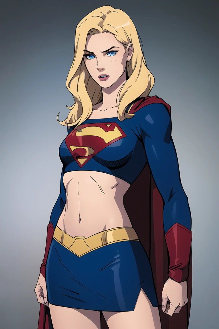 nsfw, 1girl, supergirl, DC colored eyelashes, detailed eyes, detailed face, superhero, blonde hair, long hair, wavy hair, blue eyes, eyeshadow, freckles, flat chest, pencil skirt, blue crop top, small cape,