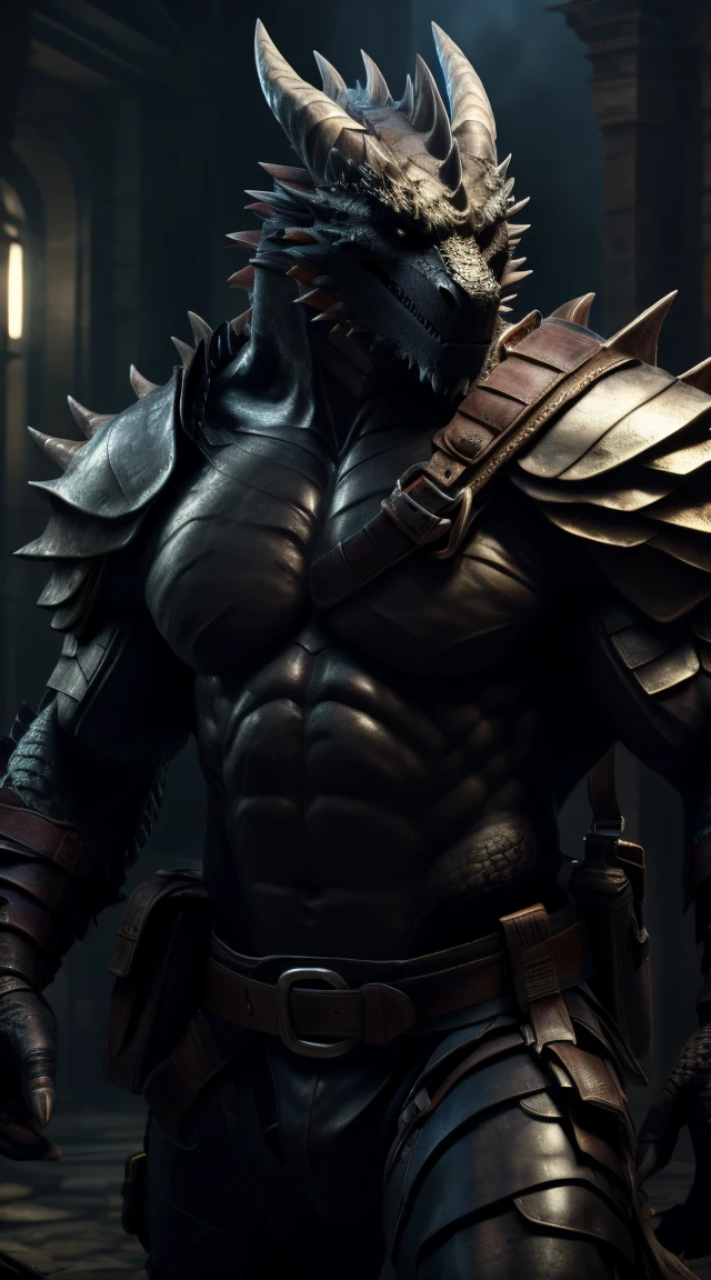 lizard man, ready to fight, barbarian armor, loincloth, black body, open mouth, dark forest background, threatening, stands menacingly, full body, raptor like legs, proporcional muscular arms, big reptile tail muscular, illustration, (best quality, 4k, highres, masterpiece:1.2), ultra-detailed, realistic, horror, sharp focus, vivid colors, nighttime lighting