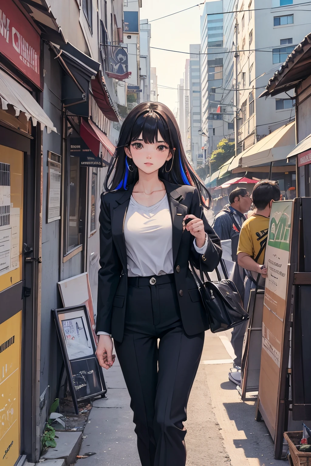 1girl em, preto_saia, azul_Hair, Building, cidade, Cityscape, Hair_entre_olho, suit jacket, olhando para cima_E_visualizador, medium_Hair, multicolorido_Hair, Multiple_Rapazes, Noite, desligado_ombro, ao ar livre, Pregas_saia, estrada da montanha, camisa, saia, highrise, sorrir, sozinho_foco, Rua, Branco_camisa