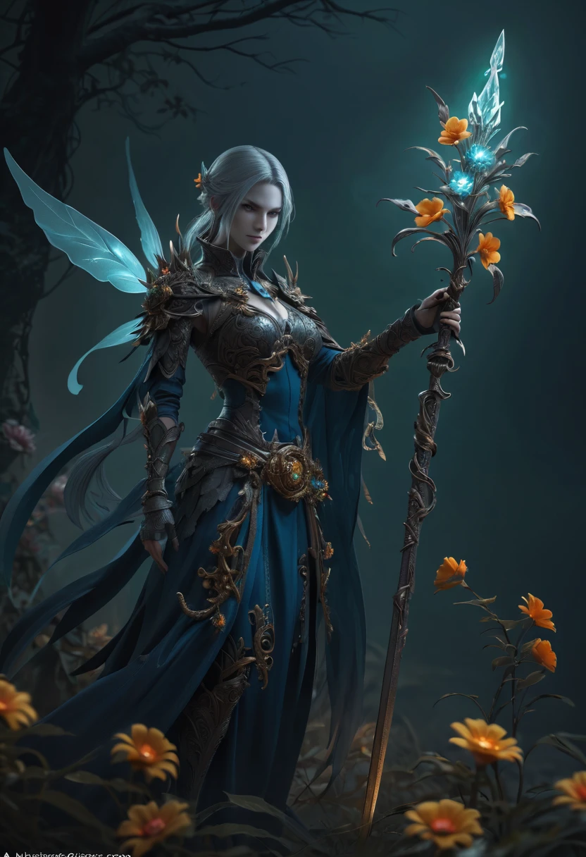 (Lycorisradiata close-up:1.5),Charming flower of the other side,Mysterious Manzhu Shahua,A bloody ghost flower blooming at the gate of hell,Leading the soul to the afterlife,Evil charm,Flirtatious,uncanny,Magic Sword,Legendary magic sword,Glory Magic Sword,Alloy iron flower,Alloy vines surround the magic sword,There are iron flowers on the sword,heavy metal style,metal art,flower made of iron,iron leaf,Full metallic luster,Metal texture in the post-industrial era,Crafts made from twisted alloy wire,gold flowers,Iron flower,Silver flower,metal tree branch,a crystal pendant,Emerald inlay,well-built,Perfect craftsmanship,Magic lightning background,blue lightning,There are fairies, dark flower shaman, dark fantasy concept art, bloodborne concept art, Feiyu looking for flowers, Diablo digital concept art, dark fantasy art style, Dark flowers, 🌺 CG Society, bloodborne art,