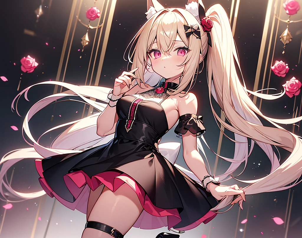 ((masterpiece, best quality)), a maiden, standing full body main view blonde hair, double ponytail, pink eyes, bangs between the eyes fox ears , black white and rose red clothing, clothing style: doll clothes leg straps, hair ornaments are bows crystal pendants high heels white silk