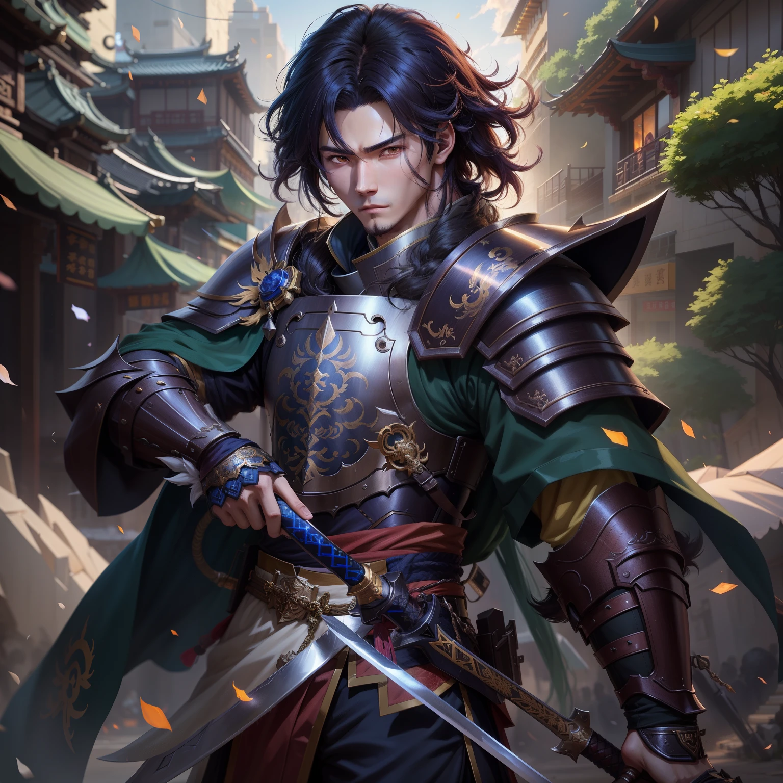 8K,Anime character with sword and armor in city setting, by Yang J, handsome guy in demon slayer art, G Liulian art style, chengwei pan on artstation, yangjun chen, Zhao Yun, Inspired by Zhang Senyao, by Leng Mei, by Victor Wang, xianxia hero, by Yang Jin, by Zhou Fang