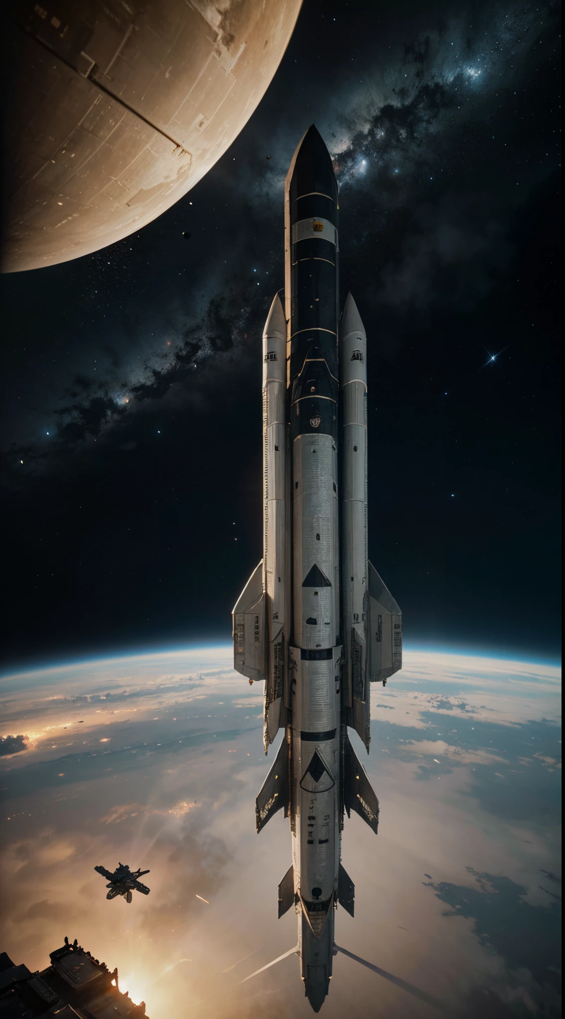 Nave espacial de combate volando NODRIZA, An epic scene of a spaceship, Arte digital de Star Citizen, Space Opera and dystopian style, Combat spacecraft in orbit, Nave espacial de combate SciFi, La nave espacial vuela en la distancia, Nave espacial de guerra en el espacio, Space Sci - Fi, jessica rossier fantasy art, epic beautiful space scifi, naves espaciales volando alrededor, imagen hiper realista render 3D 16K, cinematography lighting, ((very high definition and detail of the pieces))