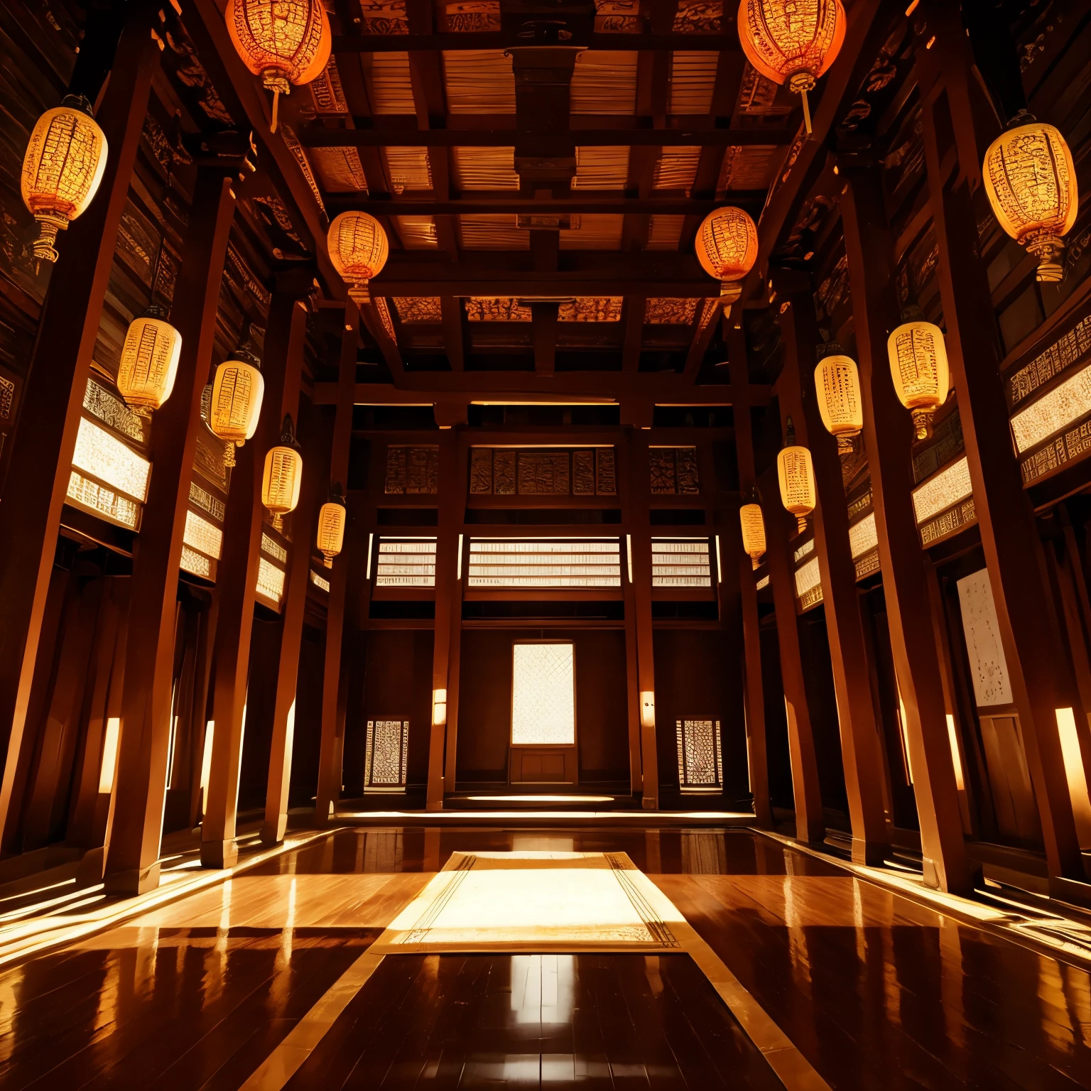 Inside an ancient asian architecture, grand hall with scriptures on the walls, in the middle of the hall ia a great statue of an angel.