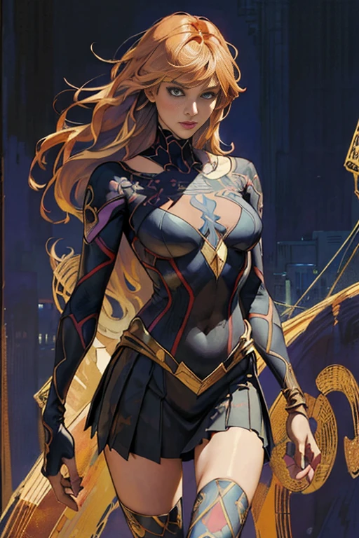 Katherine McNamara、Sticking out the navel、newyork、She wears a torn Spider-Man suit,wearing skirt、abstract photorealistic、artistic、Alphonse Mucha's painting(masterpiece、top-quality、hight resolution:1.4)、detaileds、intricate-detail、4K、color splashes、line-drawing、Fibonacci、