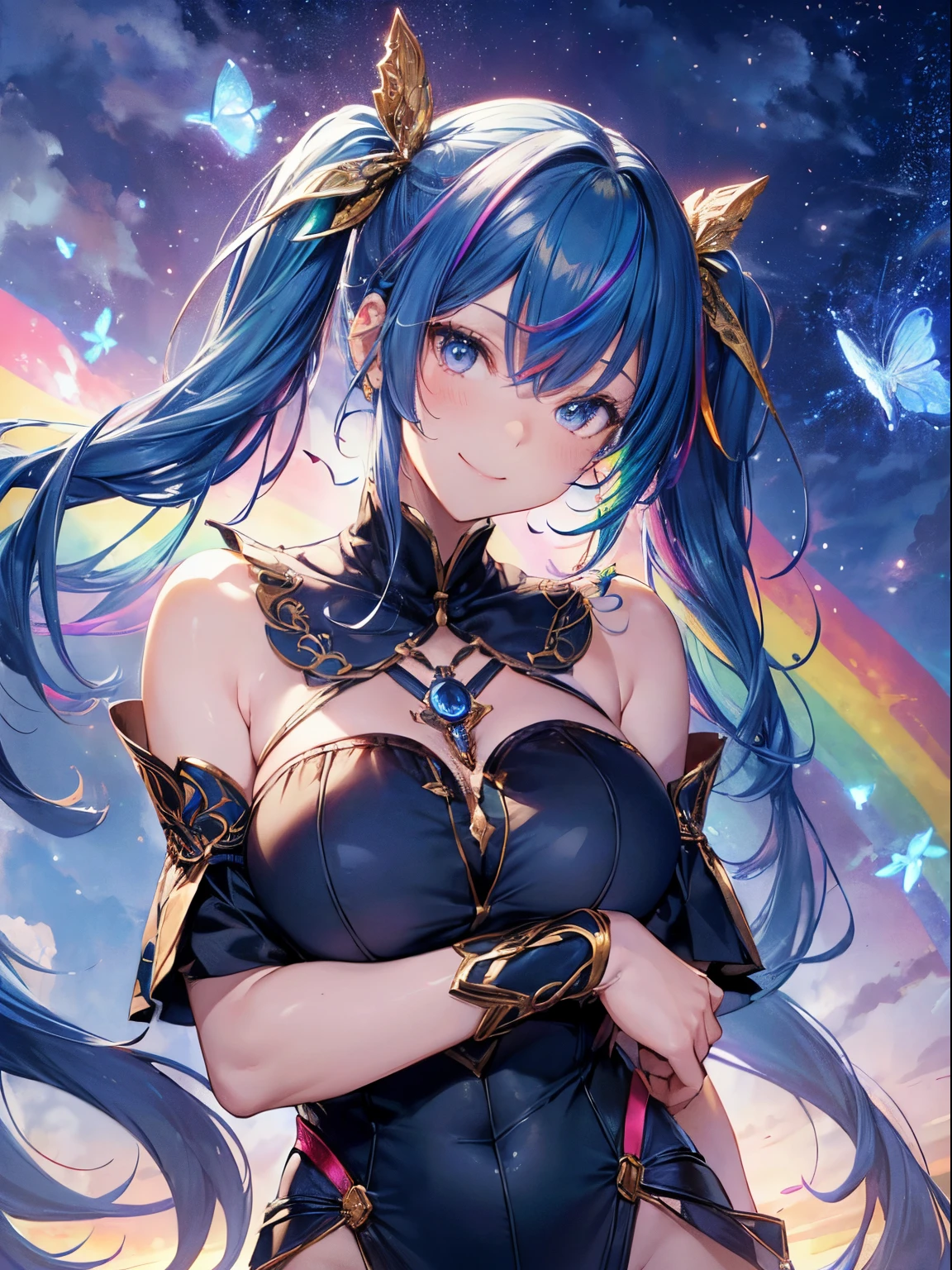 mage human、1 girl,Naughty smile, (rainbow hair:1.4),((Long twintails,Ribbon 1.4)),(Blue Butterfly Hair Ornament 1.3)、Futuristic magic square on night background with bright lights and bright moonlight、(masutepiece:1.3), (8K, realistic magic square(1.8),(8K, Photorealsitic, Raw photo, Best Quality: 1.4), Beautiful face, (Realistic face), Beautiful detailed eyes, (Realistic skin), Attractive, Intricate details,Golden ratio,,Dynamic Pose,Dynamic Angle,Intricate details, Hyper realistic、only face、A smile、Smiling、Face enhancement