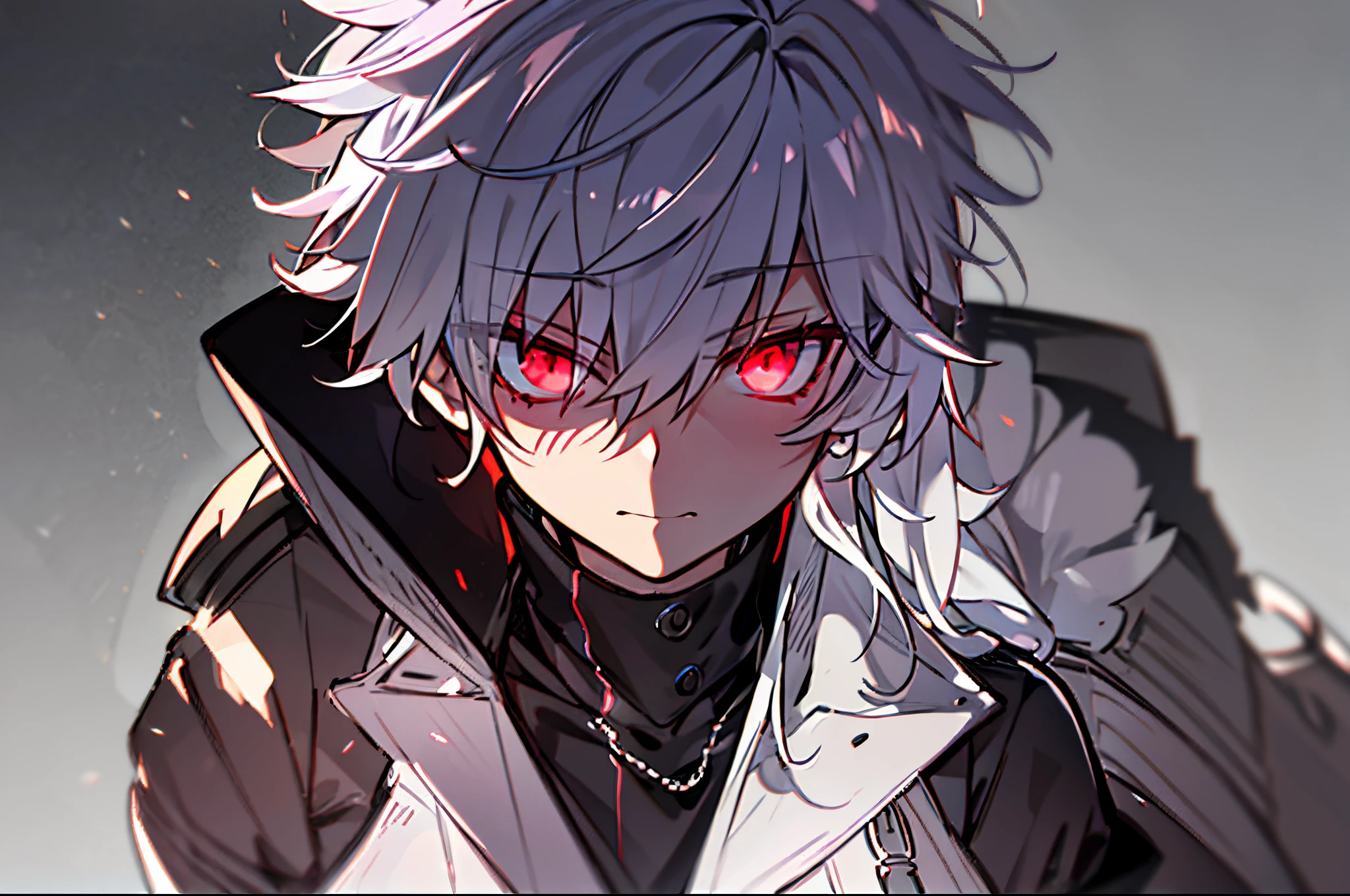  young, dark aura, boy, white hair, short hair, two colors eyes, one purple eyes, one pink eyes, glowing eyes