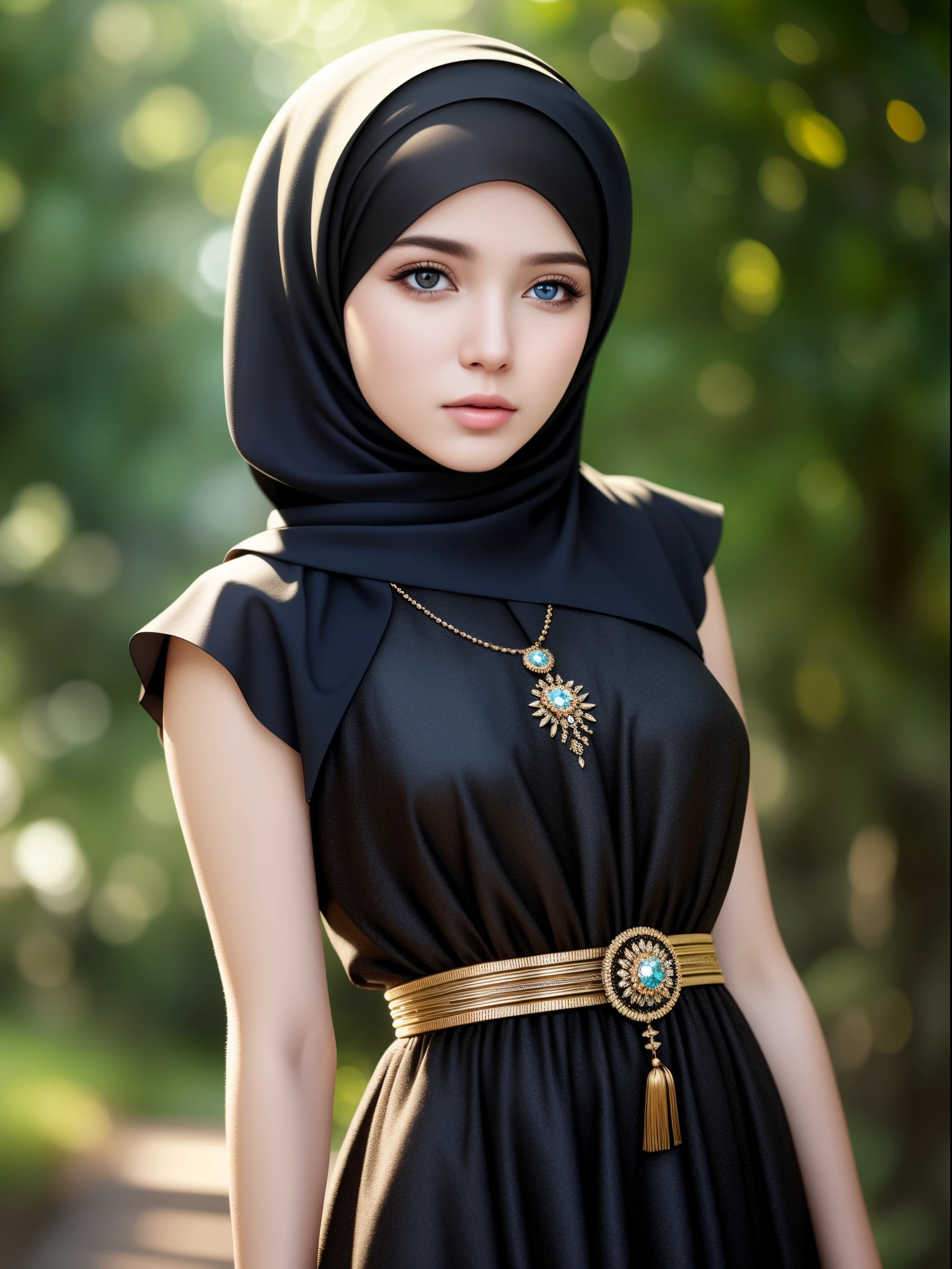 best quality, masterpiece, highres, moslem female dress, necklace, Beautiful face, (upon body from head to waist:1.37), tyndall effect, photorealistic, dark studio, rim lighting, two tone lighting, 8k uhd, dslr, soft lighting, high quality, volumetric lighting, candid, Photograph, high resolution, 4k, 8k, Bokeh, (hyperrealistic girl), (illustration), (high resolution), (extremely detailed), (best illustration), (beautiful detailed eyes), (best quality), (ultra-detailed), (masterpiece), (wallpaper), (photorealistic), (natural light), (rim lighting), (detailed face), (high detailed realistic skin texture), (anatomically correct), (solo), (1 woman), (heterochromic eyes), (detailed eyes), (sparkling eyes), (long legs), (big breasts), (dynamic pose), (concentrated expression), (wearing hijab:1.4), moslem headscarf, reading glasses.