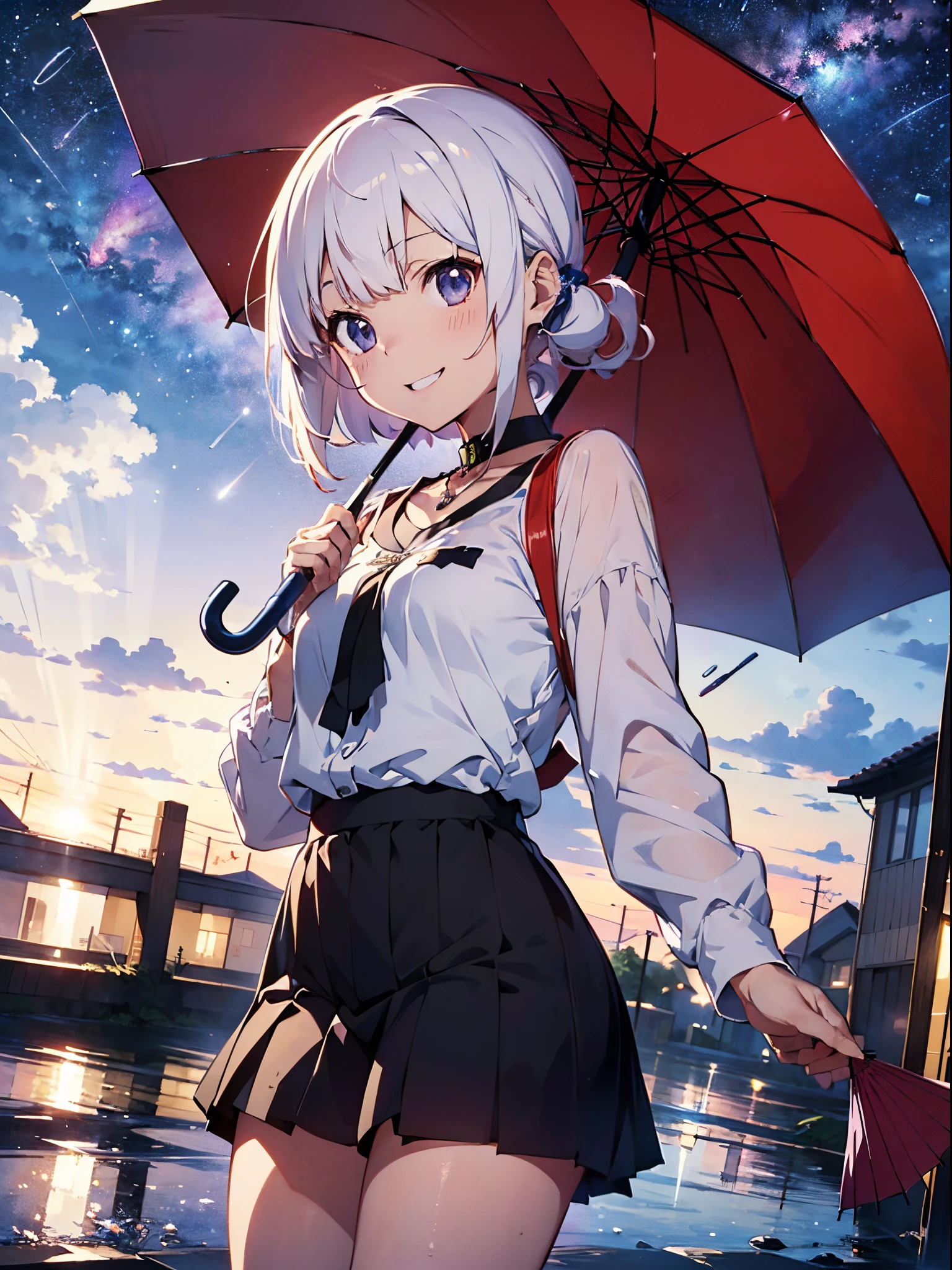 white  hair、Cat's ears、purpl eyes、、hair pin、Bob Hair、Long sideburns、The shirt、parka、a short skirt、a necklace、double tooth、sparking eyes、Birthday、Lots of gifts、((((Umbrella in one hand)))、Smile、takeout、shooting stars、milkyway、a moon、Seductive Anime Girl, anime style 4 k, best anime 4k konachan wallpaper,anime moe art style, Anime art wallpaper 8k、Yodai Fujinaga