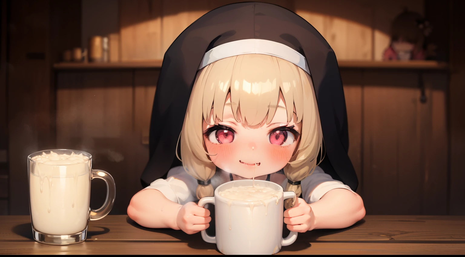 1girl,nun,pink eyes,blonde hair,(****:1.7) ,cum mug,Gokkun,Traven,fantasy,indoor,mug in hand,cumgar,happy,looking at viewer