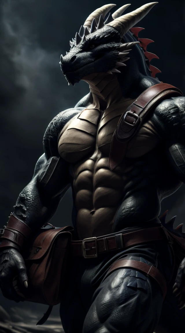 A dragon man, muscular, wide chest, illustration, (best quality, 4k, highres, masterpiece:1.2), ultra-detailed, realistic, horror, sharp focus, vivid colors, abs, topless, black body with scales, black eyes, in motion, belts with pouches and bag