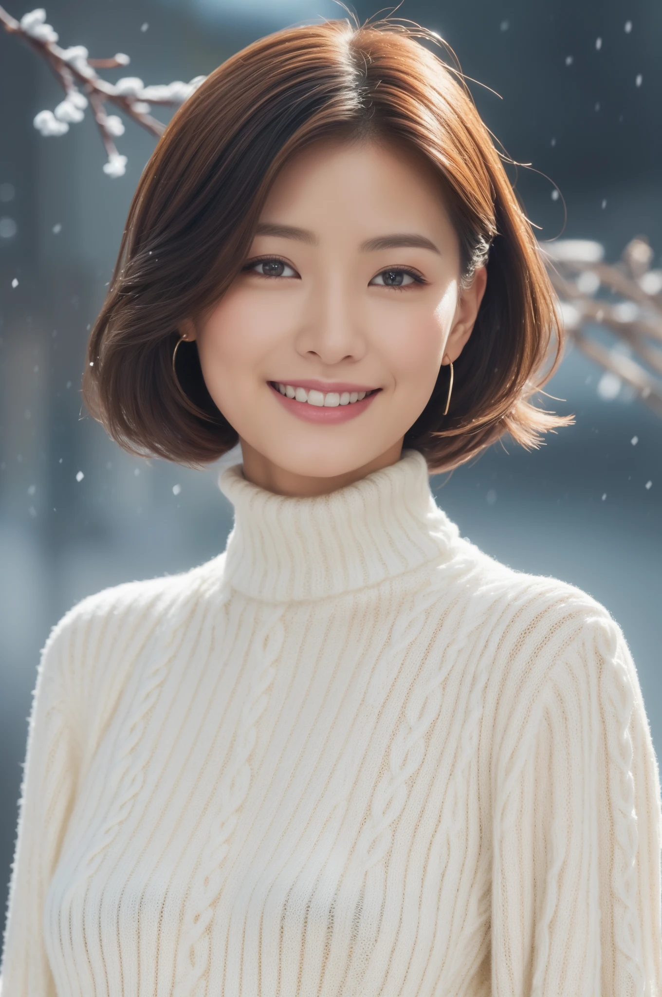 ((top-quality、8K、masterpiece:1.3))、foco nítido:1.2、Beautiful 50 year old woman with perfect figure:1.4、(Layered Hair Style:1.2))、(High neck sweater or heavy coat:1.3)、muffler:1.2、Earrings and necklaces:1.1、Highly detailed facial and skin texture、A detailed eye、二重まぶた、a smile、snowy background