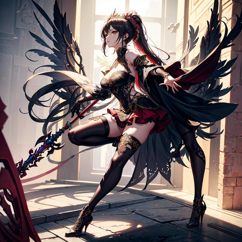 ((Masterpiece, highest quality)), detailed face,Full body, 1girl, High quality,Best quality,Ultra-detailed,high resolution,a female warrior in red outfit with filigree shiny rustic golden off-shoulder armor and holding a ornate polearm, red long hair, High ponytail,breasts,tiara,armor, weapon, polearm, armor, Open Chest, tight micro miniskirt,high heels, holding weapon, breasts,cleavage, full body, holding, full of details, highly detailed, many parts, (incoming attack:1.5),LnF
