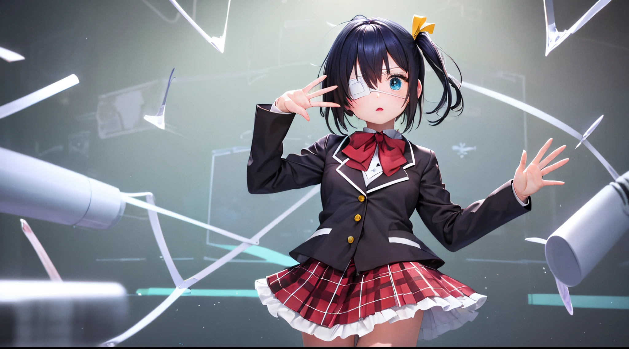 (tmasterpiece, Best quality:1.2), cow boy shooting, Alone, 1 busty girl, Takanashi Rikka, face expressionless, looking at viewert, place one's arms behind one's back, One side facing up, ahoge, eBlue eyes, medical eyepatch, 校服, jaket, plaid skirts