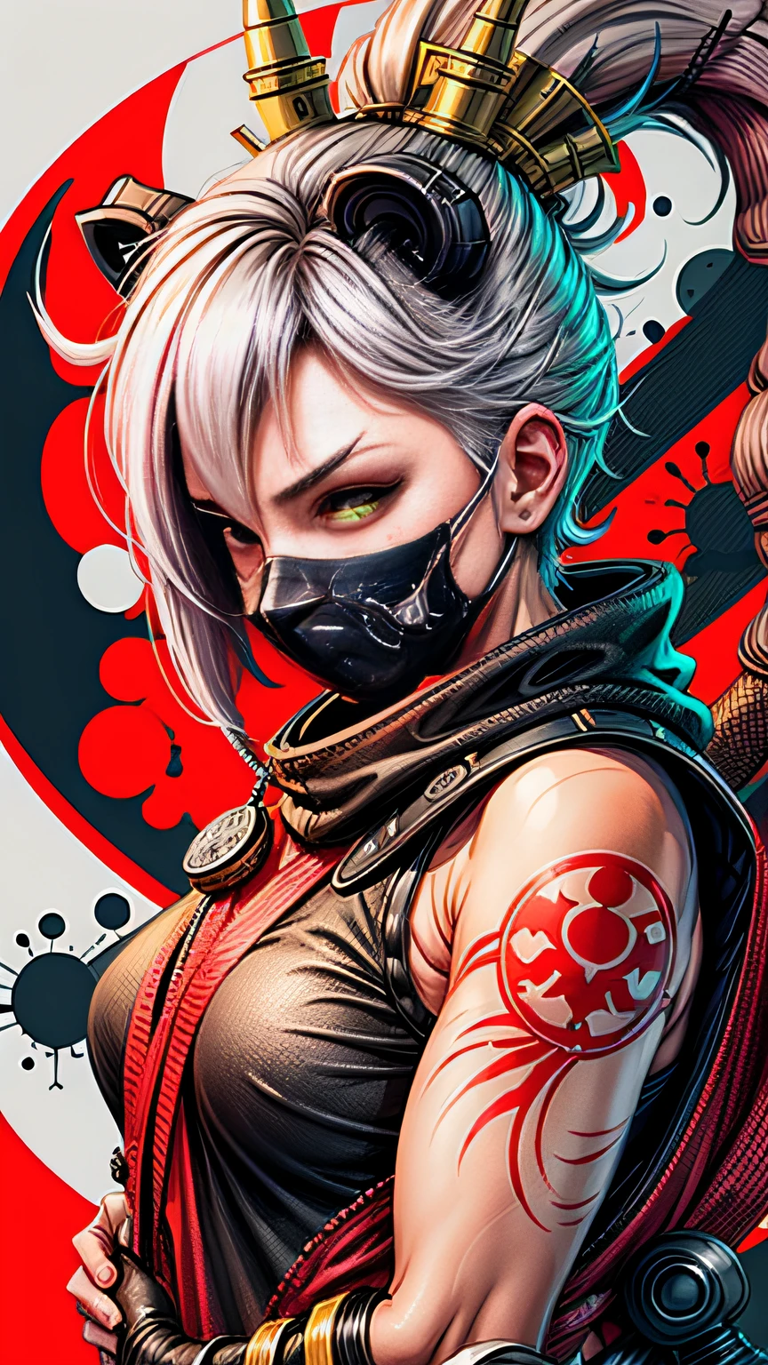 1 girl close with ninja mask style, illustrator,white short hair, masterpiece, high quality, 8k, high resolution, high detail, monkey man, monkey king