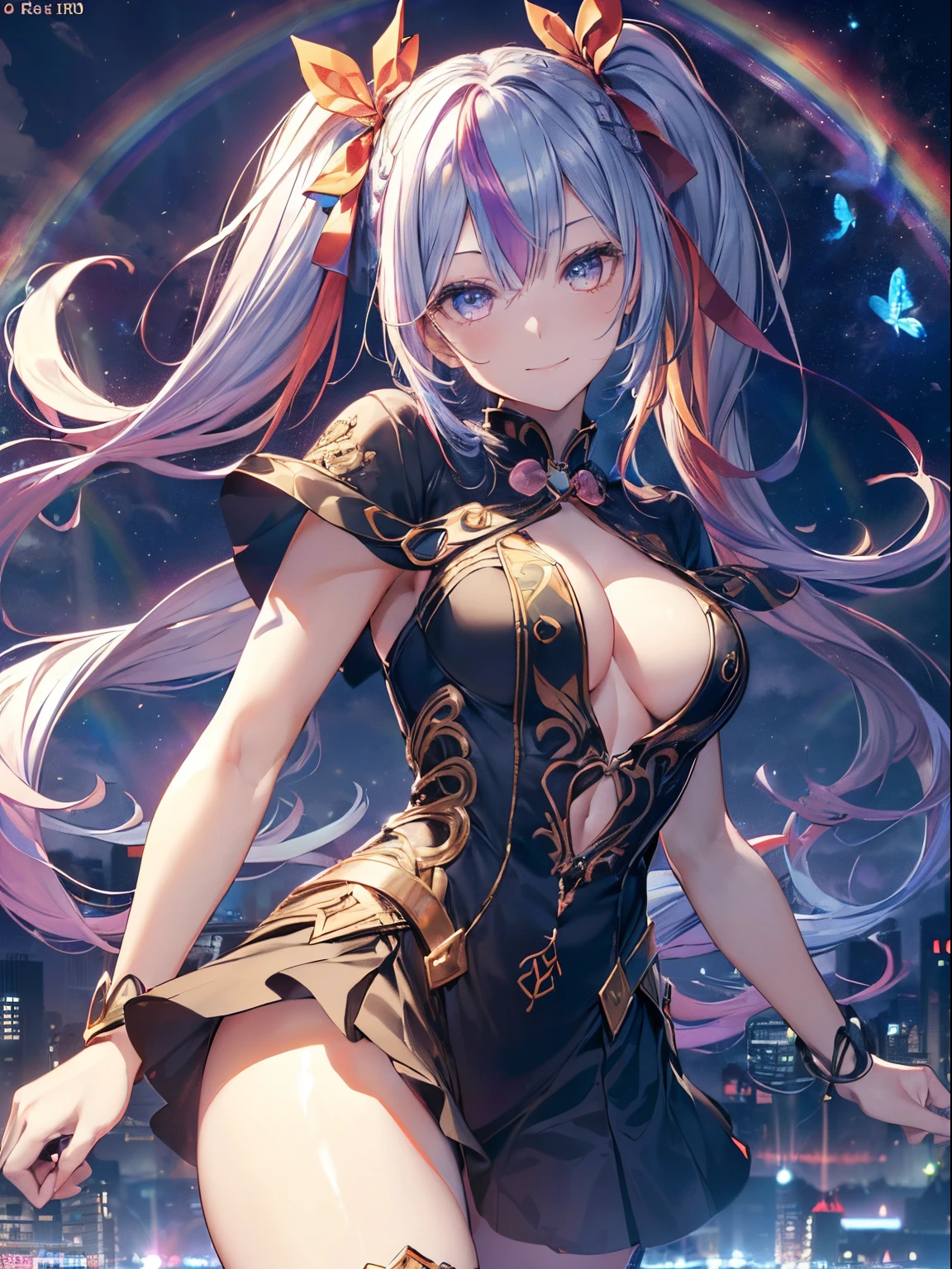 Magic Circle(1.8),sorcerer,Witch,magician,1 girl,Naughty smile, (rainbow hair:1.4),((Long twintails,Ribbon 1.4)),(Blue Butterfly Hair Ornament 1.3)、Futuristic cityscape on night background with bright lights and bright moonlight、(masutepiece:1.3), (8K, realistic magic square(1.8),(8K, Photorealsitic, Raw photo, Best Quality: 1.4), Beautiful face, (Realistic face), Beautiful detailed eyes, (Realistic skin), Attractive, Intricate details,Golden ratio,,Dynamic Pose,Dynamic Angle,Intricate details, Hyper realistic、only face、A smile、Smiling、Face enhancement、Luz Divina、Deities、Heaven、rainbows