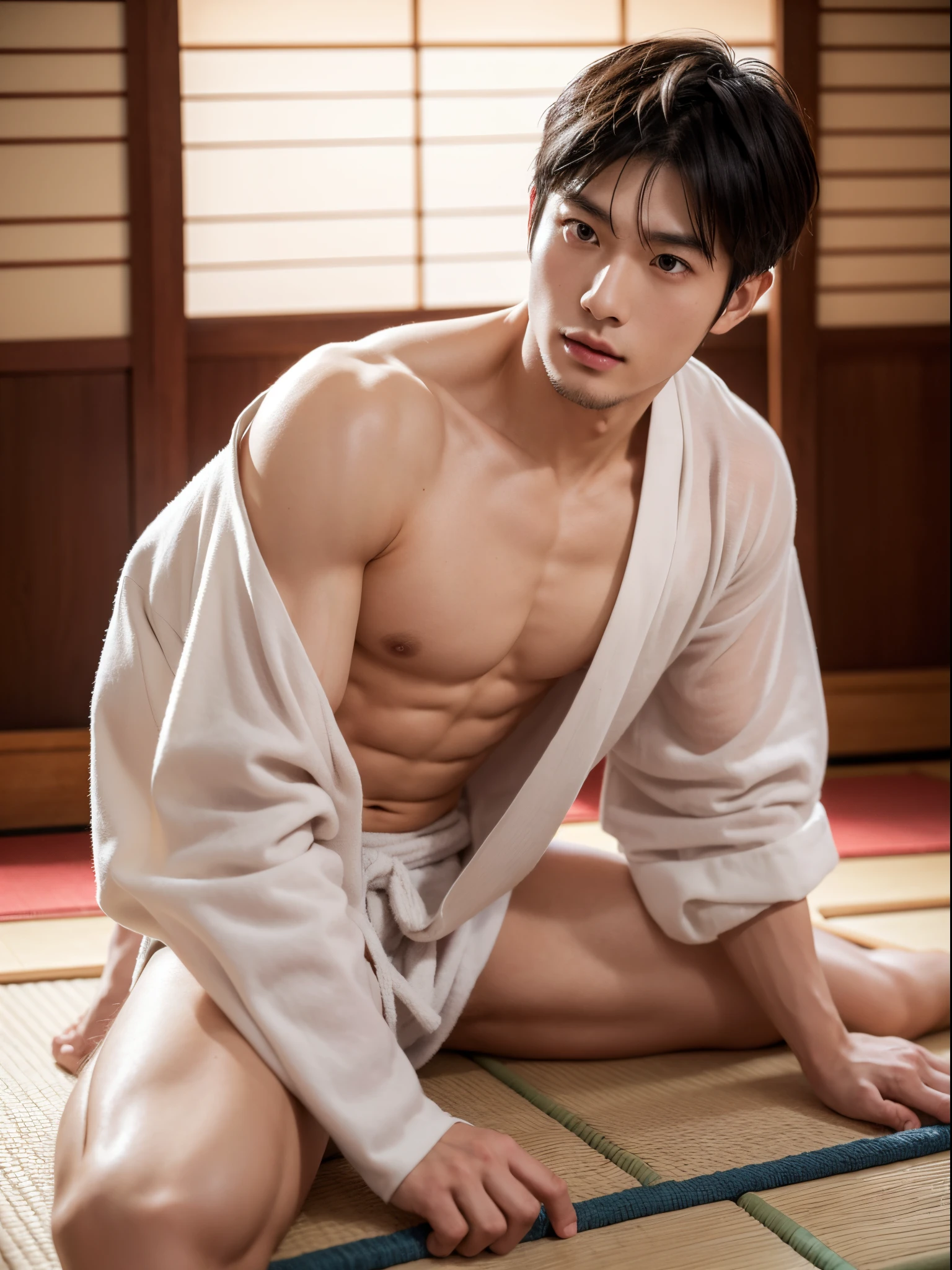 Young Japanese man, white skin, perfect figure, big muscles, sexy pose, nude, wearing a plaid yukata, in a Japanese room, tatami mats, sweating, sexually aroused, seductive, model, sexy, movie star nude