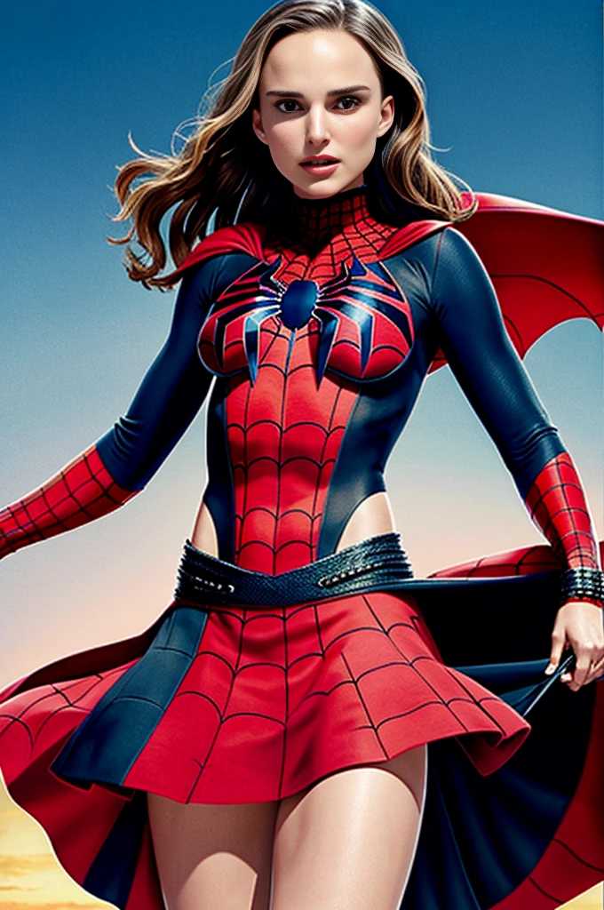 Natalie portman、Sticking out the navel、newyork、She wears a torn Spider-Man suit,wearing skirt、 Red and black color scheme,Dynamic、​masterpiece、top-quality、ultra-detailliert、ighly detailed、beautiful detailed brilliance、超A high resolution