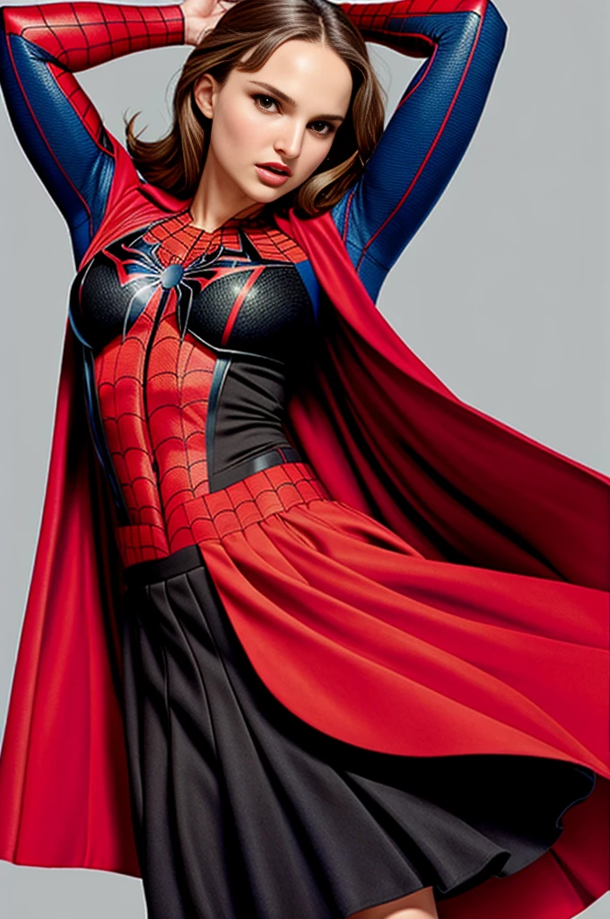 Natalie portman、Sticking out the navel、newyork、She wears a torn Spider-Man suit,wearing skirt、 Red and black color scheme,Dynamic、masterpiece、top-quality、ultra-detailliert、ighly detailed、beautiful detailed brilliance、超A high resolution