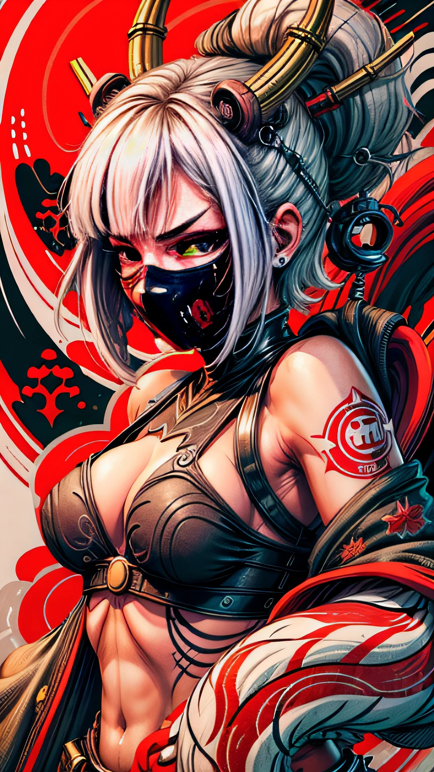 1 girl close with ninja mask style, illustrator,white short hair, masterpiece, high quality, 8k, high resolution, high detail, monkey man, monkey king
