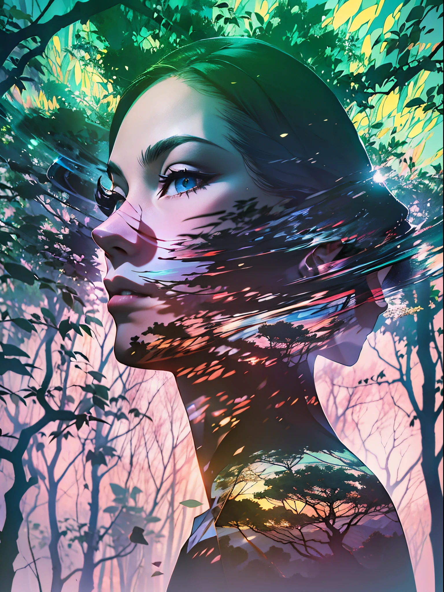 Doubleexposure，Oliver Morris double exposure photography style，woman silhouette，woods at dusk，of a real，フォトリアリスティック，High definition，8K分辨率，Masterpiece--ar 1:1  --niji 5 --s 2