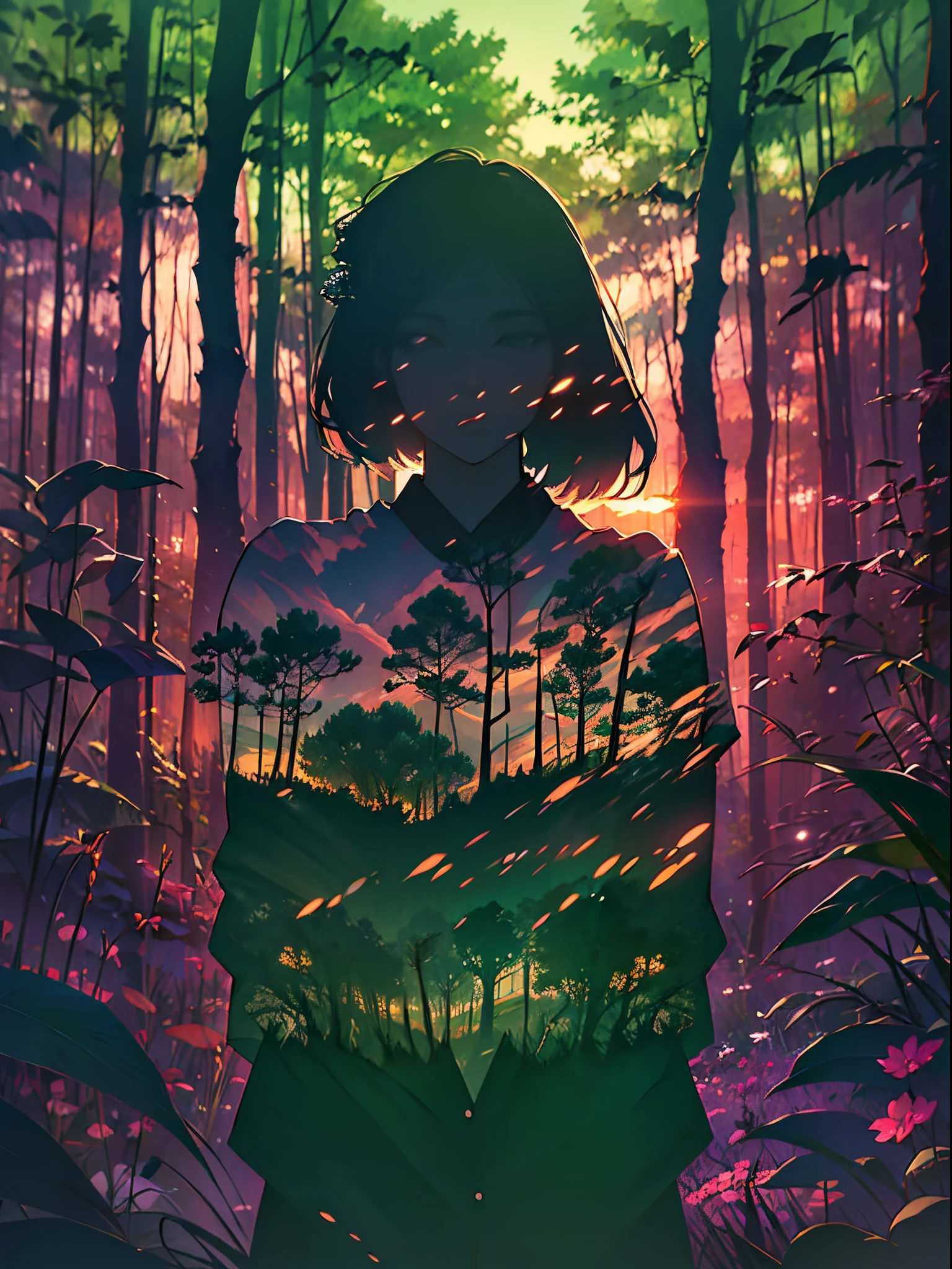 Doubleexposure，Oliver Morris double exposure photography style，woman silhouette，woods at dusk，of a real，フォトリアリスティック，High definition，8K分辨率，Masterpiece--ar 1:1  --niji 5 --s 2