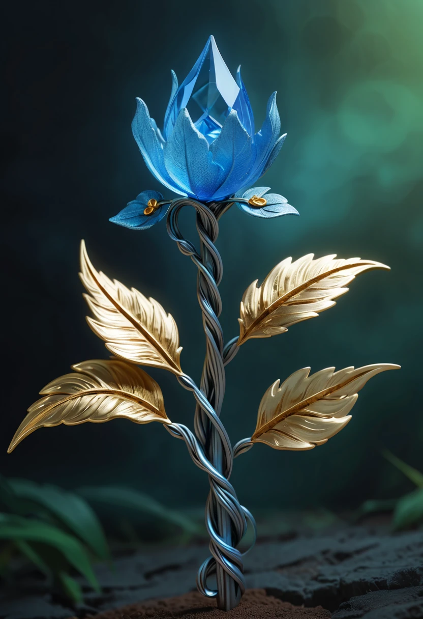 (Lycorisradiata close-up:1.5),Charming flower of the other side,Mysterious Manzhu Shahua,A bloody ghost flower blooming at the gate of hell,Leading the soul to the afterlife,Evil charm,Flirtatious,uncanny,Magic Sword,Legendary magic sword,Glory Magic Sword,Alloy iron flower,Alloy vines surround the magic sword,There are iron flowers on the sword,heavy metal style,metal art,flower made of iron,iron leaf,Full metallic luster,Metal texture in the post-industrial era,Crafts made from twisted alloy wire,gold flowers,Iron flower,Silver flower,metal tree branch,a crystal pendant,Emerald inlay,well-built,Perfect craftsmanship,Magic lightning background,blue lightning,