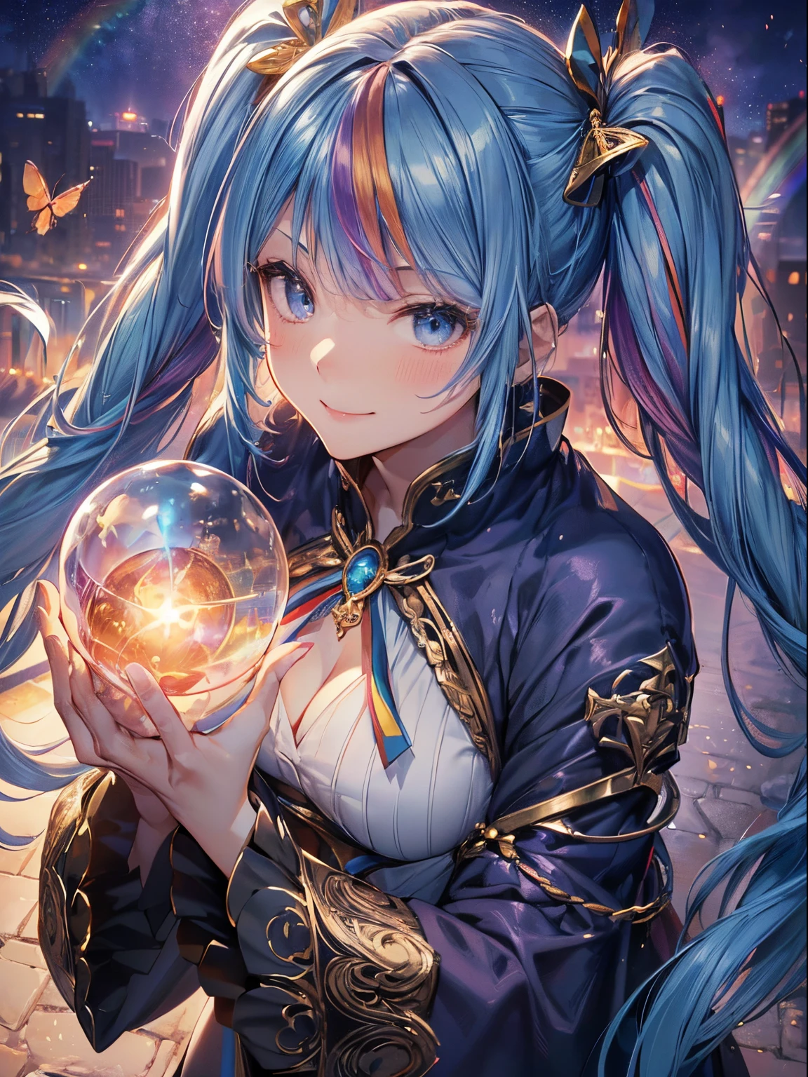 magic circle(1.8),wizard,witch,magician,1 girl,Naughty smile, (rainbow hair:1.4),((Long twintails,Ribbon 1.4)),(Blue Butterfly Hair Ornament 1.3)、Futuristic cityscape on night background with bright lights and bright moonlight、(masutepiece:1.3), (8K, realistic magic square(1.8),(8K, Photorealsitic, Raw photo, Best Quality: 1.4), Beautiful face, (Realistic face), Beautiful detailed eyes, (Realistic skin), Attractive, Intricate details,Golden ratio,,Dynamic Pose,Dynamic Angle,Intricate details, Hyper realistic、only face、A smile、Smiling、Face enhancement、Luz Divina、Deities、Heaven、rainbows