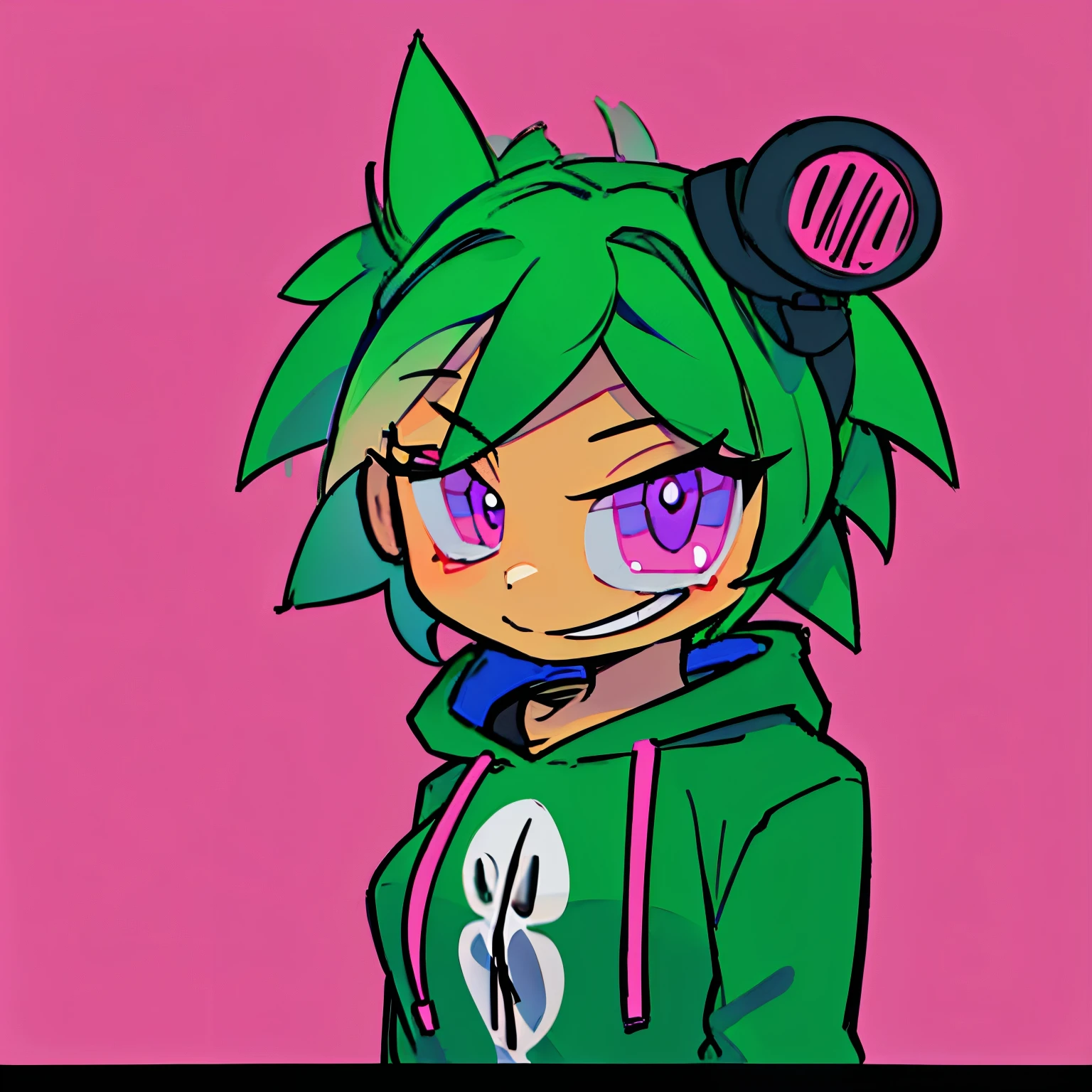 anime female short green hair pink eyes wearing a hoodie jet set radio style looking right with a smile no background