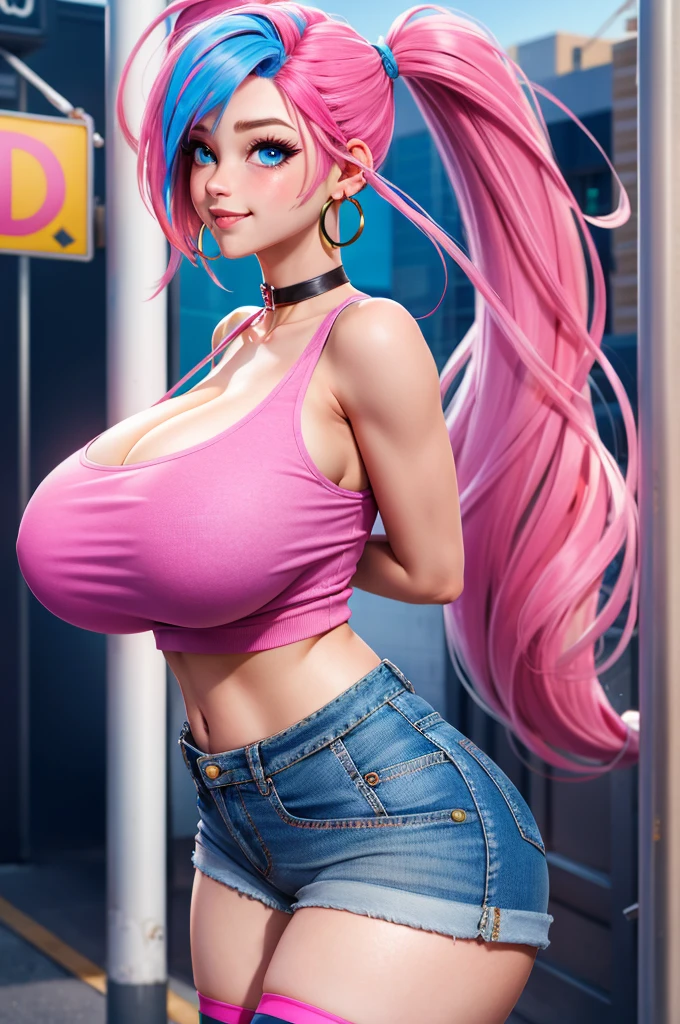 masterpiece, best quality,midriff,white tank top,denim short shorts, thighhighs,twin tails,(pink hair:1.3),(huge breasts:1.4),absurdly long hair,street,city,heavy blush,closed mouth,happy,choker,blue eyes,blue eyes,zumi,looking at viewer,large hoop earrings