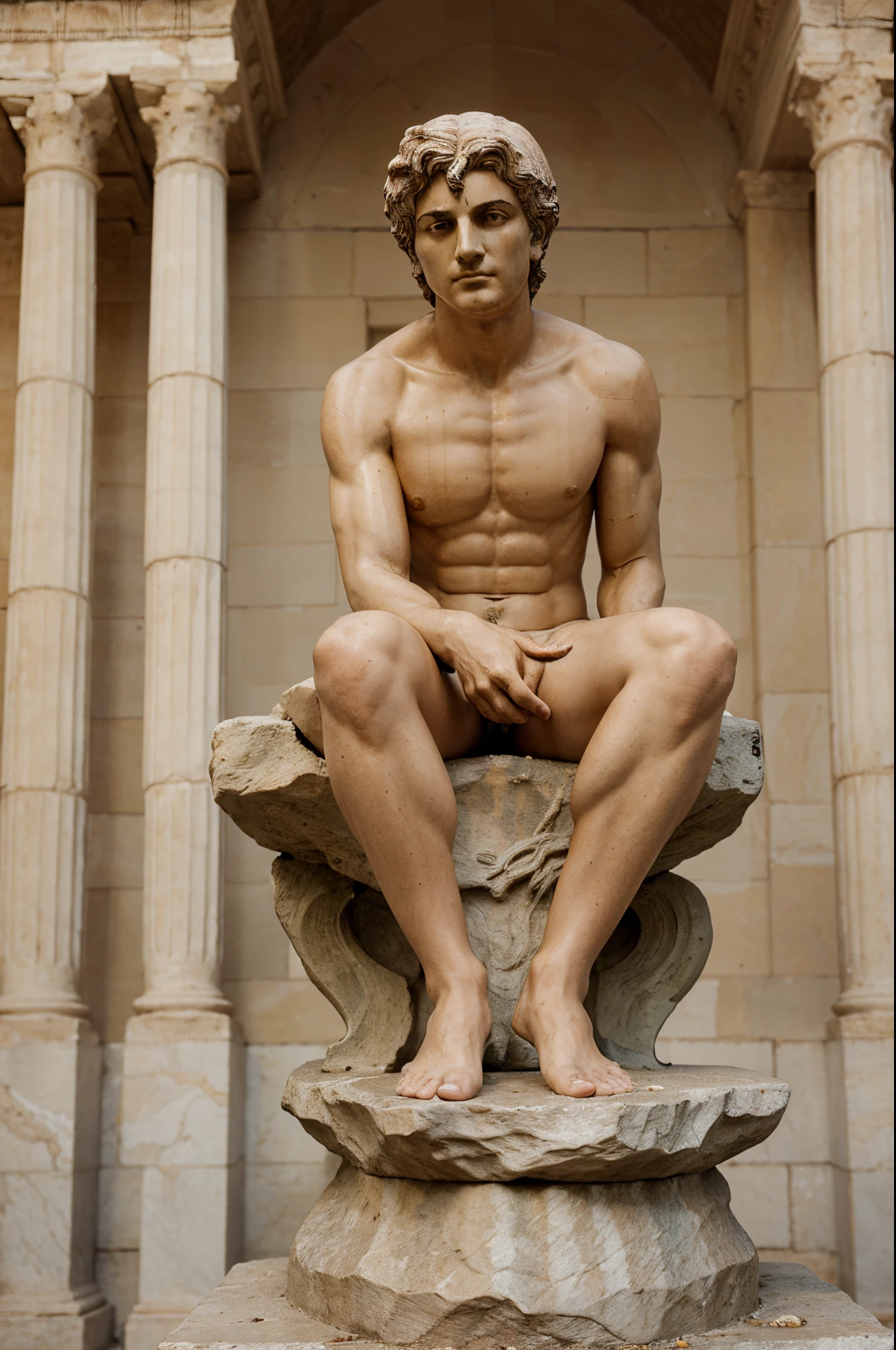 a statue of a man sitting on a rock with both hands resting on his legs background of the temple, Estoicismo, philosopher, Pose estoica, an ancient greek statue, divino e estoico, com corpo esbelto, o grego, classical statue, stoic, estoico and calm, Greek statue, a statue, belo corpo, by Theophanes, o grego