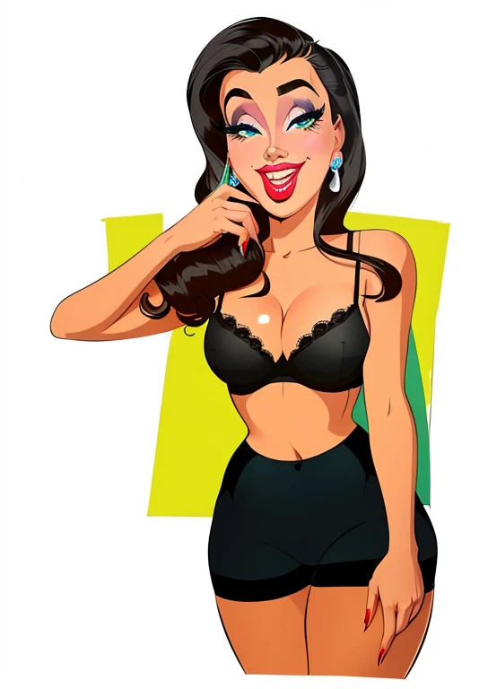 One necked hot girl, smoking cigarettes,bra color black , red panties ,simple 2d vector illustration, cartoon style 
