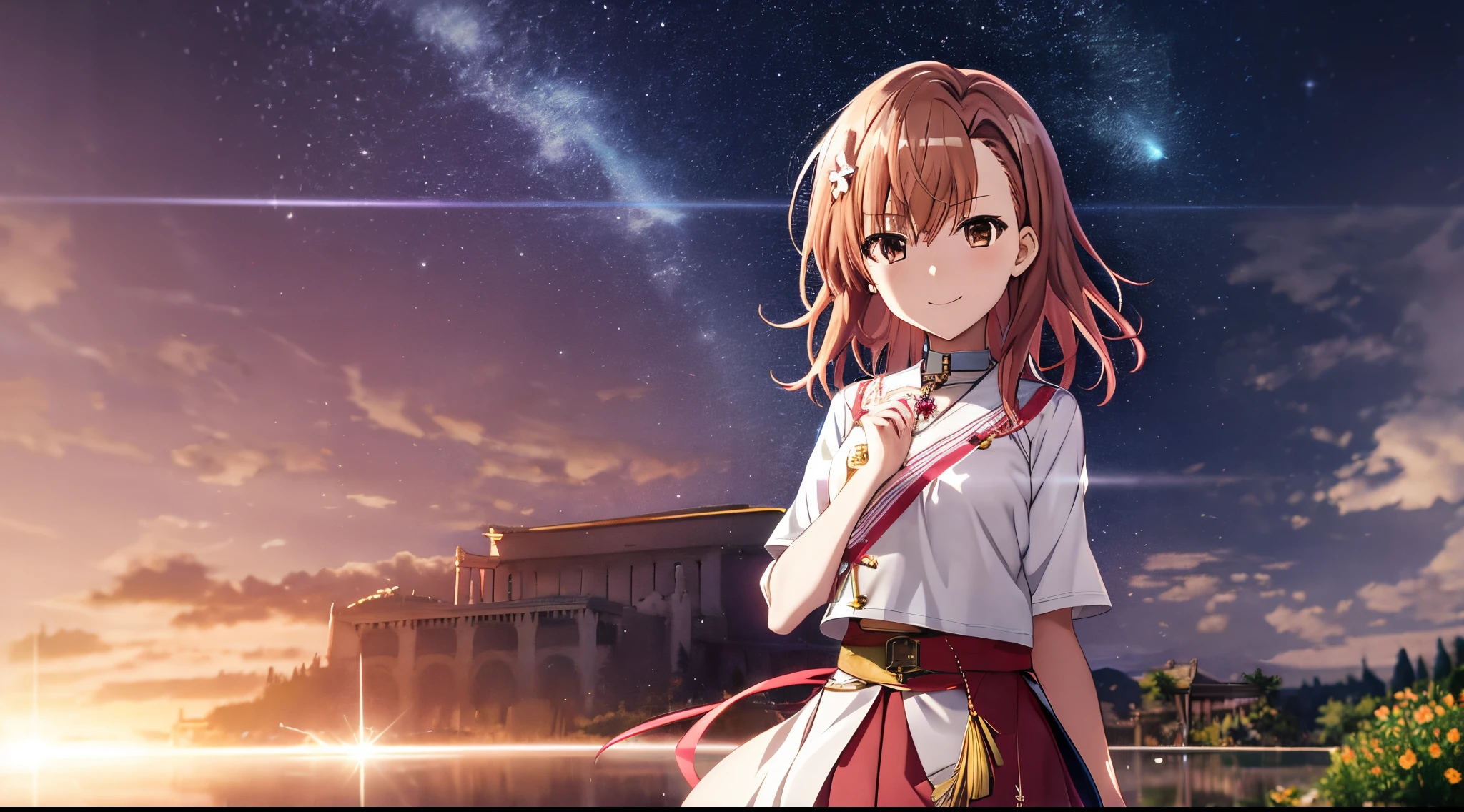 Anime view of Misaka mikoto, 1girl, teen girl, kawaii, solo, chestnut hair, hairpin,brown eyes, standing, looking at viewer,smile,arabian cloth,praying beads on neck, long skirt,flower fields in greek Acropolis waterfalls,anime style,deep depth of field,wide angle view,Lumen Reflections,Screen Space Reflections,Diffraction Grading,Chromatic Aberration,GB Displacement,Scan Lines,Ray Traced,Anti-Aliasing,FXAA,TXAA,RTX,SSAO,Shaders,OpenGL-Shaders,GLSL-Shaders,Post Processing,Post-Production,cell Shading,Tone Mapping,CGI,VFX,SFX,insanely detailed and intricate, 4K