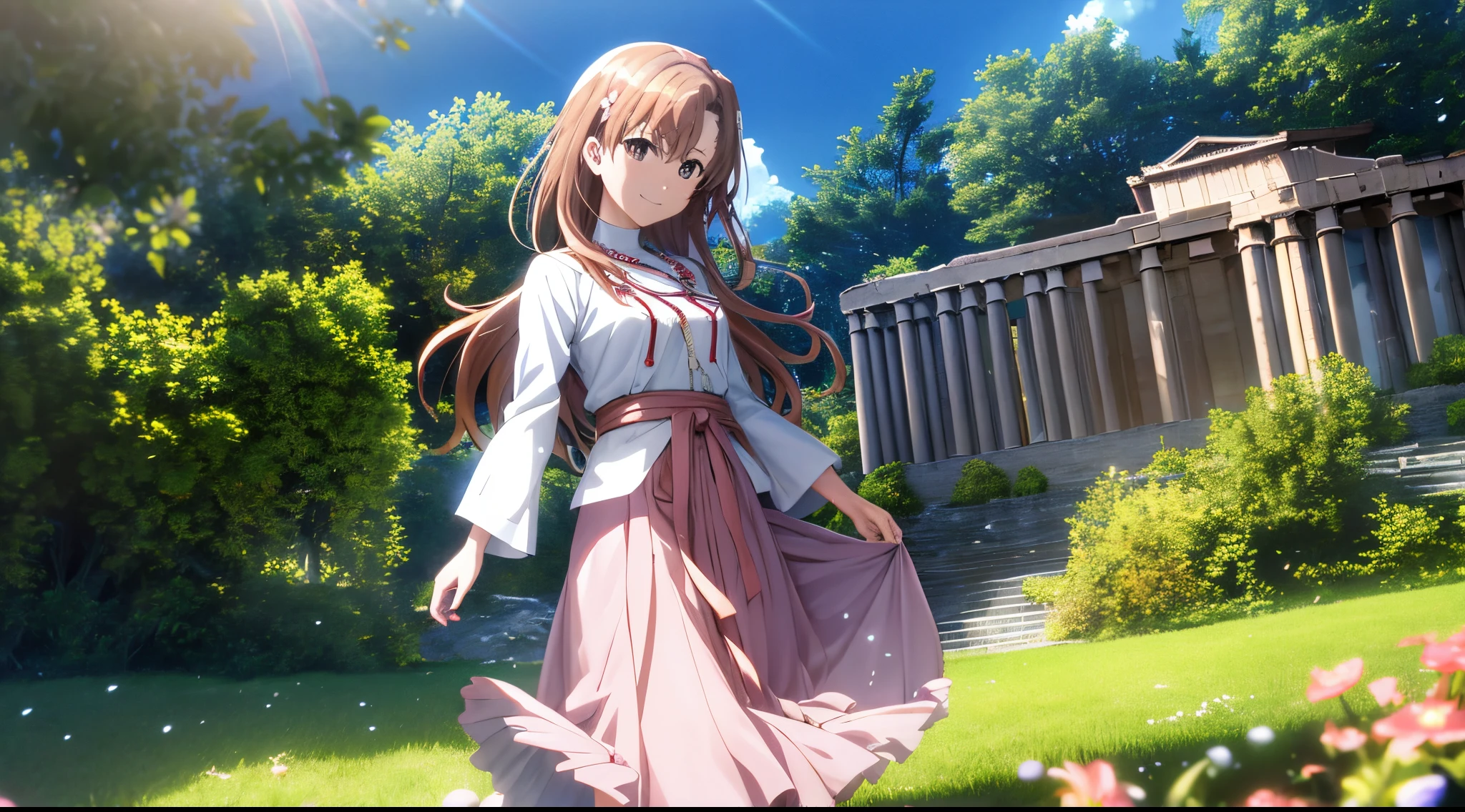 Anime view of Misaka mikoto, 1girl, kawaii, solo, chestnut hair, hairpin,brown eyes, standing, looking at viewer,smile,arabian cloth,praying beads on neck, long skirt,flower fields in greek Acropolis waterfalls,anime style,deep depth of field,wide angle view,Lumen Reflections,Screen Space Reflections,Diffraction Grading,Chromatic Aberration,GB Displacement,Scan Lines,Ray Traced,Anti-Aliasing,FXAA,TXAA,RTX,SSAO,Shaders,OpenGL-Shaders,GLSL-Shaders,Post Processing,Post-Production,cell Shading,Tone Mapping,CGI,VFX,SFX,insanely detailed and intricate, 4K