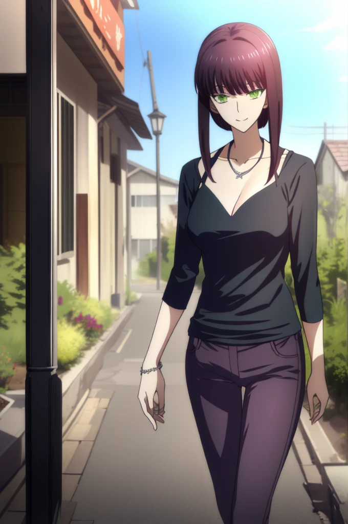 Black tank top,JINS,shortpants,((shortpants)),(Highly detailed CG 8K wallpaper),Makima (chain saw man),Sukasaha (Fate/grand order),Shimohira Reihua ,Hi-Res,Very delicate and beautiful CG illustration,top-quality,Realistic skin feeling,Realistic fabric,Realistic texture,beautiful thigh,big breasts thin waist,(((masutepiece))), (((Best Quality))),8K,32K,masterpiece,beautiful alluring anime woman,ultra-definition,ultra-detailliert,hight resolution,a hyperrealistic schoolgirl,masuter piece, Best Quality, High quality, High Definition, high quality texture, high quality shadow, high detailing,finely detail,1girl in,High school students,Solo,Soio,Only one person,Alone,One Person,tall,AS-Adult,Mature atmosphere,Leg length,neat and long legs,8 Head Body,stature:171cm,Mature girls,Reddish-purple hair,Reddish-purple hair,Purple hair,Magenta hair,silky and smooth hair,Colorful hair,Straight hair,Smile,Smiling happily,lively expression,Cute smile,Cool Beauty,Beautuful Women,Neat face, Beautiful realism,Seductive look,Bewitching look,serene expressions,beautiful hairl,She wears a necklace around her neck,Necklace,bead necklace,magatama accessories,A slight smil,Colorful eyes,green colored eyes,Jade-colored eyes,beautidful eyes,Bright eye,Delicat eyes,Eyes Like Gems,Jade Eyes,Hanging eyes,(Green eyes:1.5),Seductive face,watching at viewers,mystic atmosphere,,Seductive face,looking at the viewers,during daytime,stroll,Building Street,Sunlight,blue-sky,is standing,Model photo,Walking,