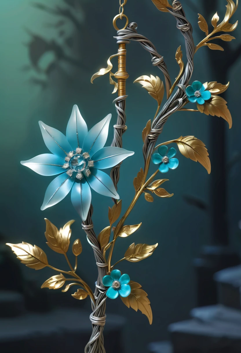 (Lycorisradiata close-up:1.5),Charming flower of the other side,Mysterious Manzhu Shahua,A bloody ghost flower blooming at the gate of hell,Leading the soul to the afterlife,Evil charm,Flirtatious,uncanny,Magic Sword,Legendary magic sword,Glory Magic Sword,Alloy iron flower,Alloy vines surround the magic sword,There are iron flowers on the sword,heavy metal style,metal art,flower made of iron,iron leaf,Full metallic luster,Metal texture in the post-industrial era,Crafts made from alloy wire,gold flowers,Iron flower,Silver flower,metal tree branch,a crystal pendant,Emerald inlay,well-built,Perfect craftsmanship,Magic lightning background,blue lightning,