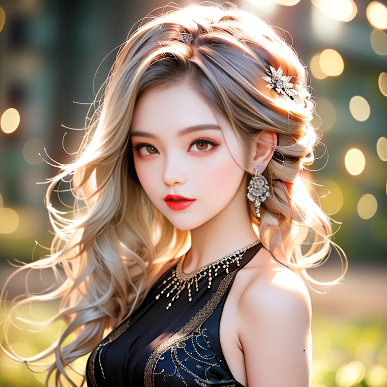 best quality, super fine, 16k, RAW photo, photorealistic, incredibly absurdres, extremely detailed, delicate, flashy and dynamic depiction, beautiful woman like Reiji Matsumoto draws, intelligent cool beauty, glossy light brown hair, beautiful bright sharp eyes, glossy red lips, wearing black elegant lace long dress, superlative body proportion, background simple portrait