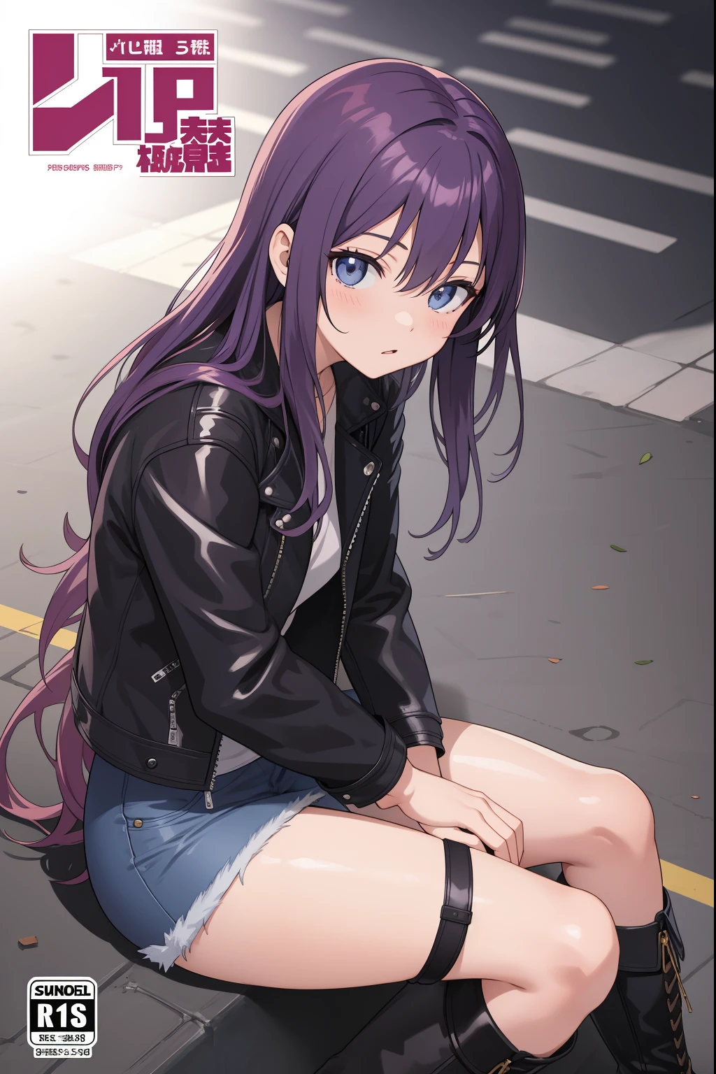 (cover, cover page:1.3), anime girl sitting on the ground on the street, purple long hair, blue eyes, leather jacket, jeans, leather boots