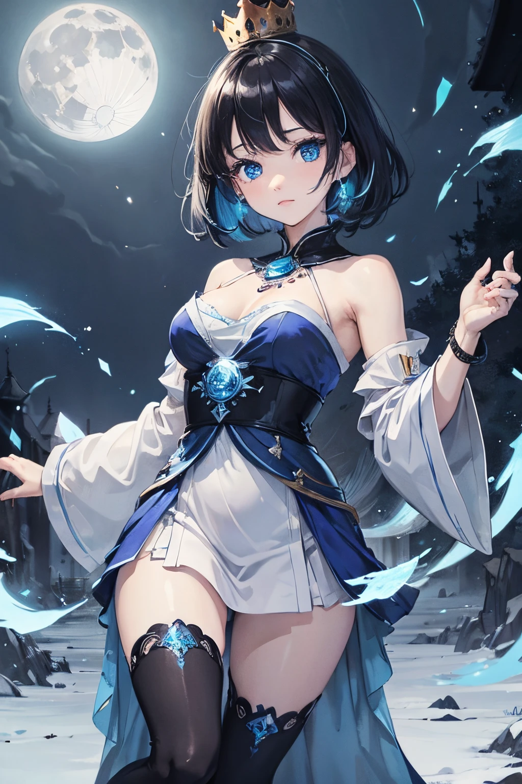 Night, ((1 girl)), Alone, masutepiece, 8K Wallpaper, hight resolution, absurderes, high quality background, Short hair, Black hair, Multicolor Hair, Beautiful frozen village, (Bright moon full), Blue Dress, detailed dress, Jewelry Dresses, (Magic:1.2), blue fire, Blue eyes, Glowing eyes, fire, Ice Goddess, (Beautiful crown with blue details), electricity, Blue Electric, Cyan light particles