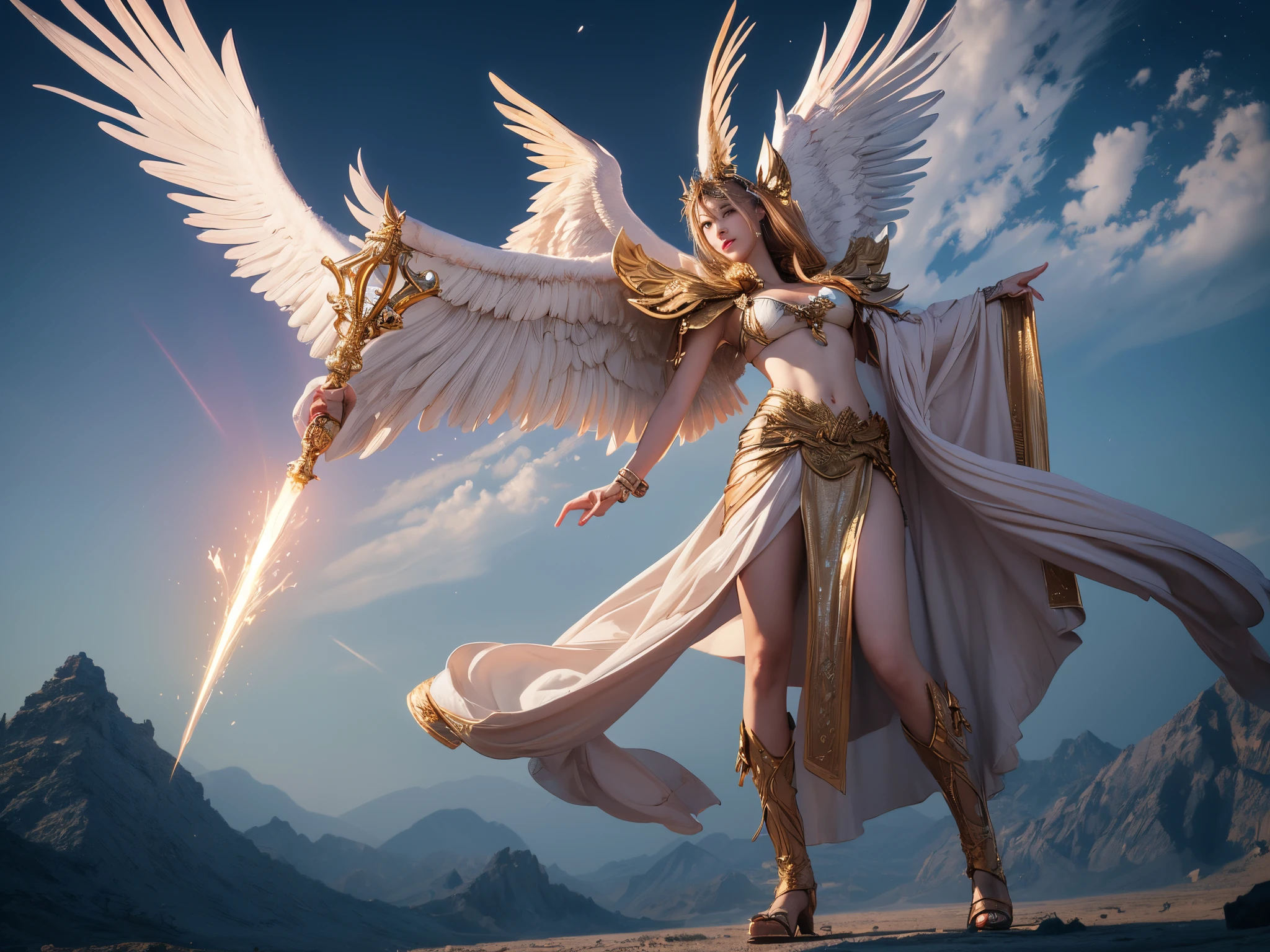 1girl, flying, Korean+Chinese goddess girl, 1girl 15 years old, beautiful goddess, White  6wings behide shoulders, detailed eyes, detailed face, mature face, athletic body, flying, looking at viewers,full body, light smile,detailed skin,mature body, tall body,seductive body,medium big breast, medium thigh, detailed clothes BREAK, desert and pyramid backgrounds, holding only one long and thick scepter, Huge phoenix dragon in sky, highly saturating beams, holy ceremony, angelic halo, spark dazzling around, holy magic circle, Luxury, golden crown , golden majical lightning, best quality, masterpiece, trending on Art station,BREAK,Detailed,Realistic,4k highly detailed digital art,octane render, bioluminescent, cinematic lighting BREAK 8K resolution concept art, realism,by Mappa studios,masterpiece,best quality,official art,illustration,ligne claire,(cool_color),perfect composition,absurdres, fantasy,focused, (((full body shot))), Ice Mountain