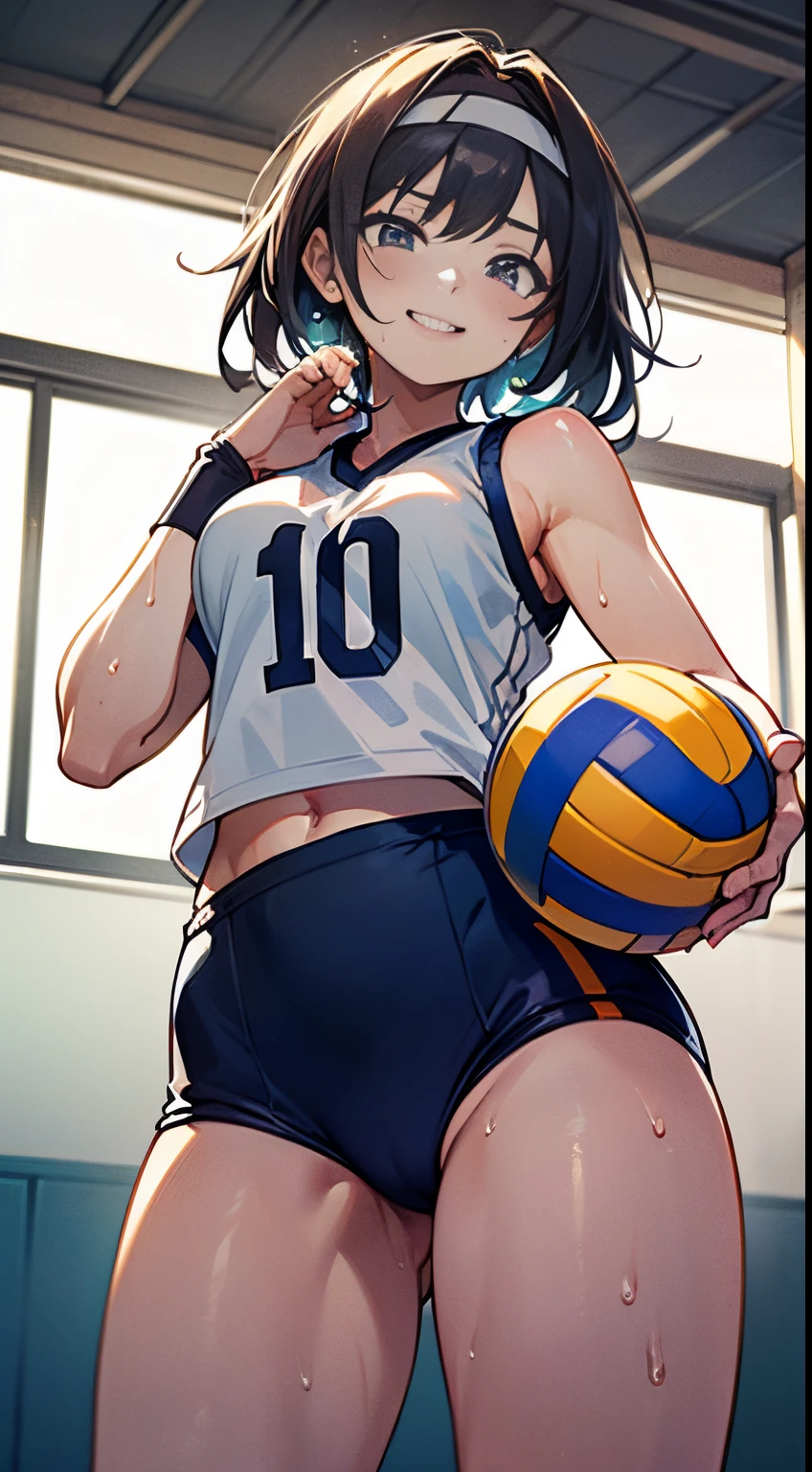 UHD, anatomically correct, 8k, (((masterpiece))), (((best quality))), (((ultra detailed))), (((high-resolution))), ((super fine illustration)), ((Ultimate cutie)), detailed beautiful face, solo, one girl, , (potbelly), (curvy), medium breasts, ((Thick thighs)), shiny hair, evil smile, evil grin, (blush), BREAK, (((buruma))), (sleeveless volleyball uniform), headband, ((wrist bands)), ((kneepads)), BREAK, ((hold the Beautiful spherical shape 6-inch volleyball with both hands)), stylish pose, ((sweat)), (perspired), (heavy breathing), sense of depth, in volleyball court, in gymnasium, lighting, from below, looking at viewers, cowboy shot