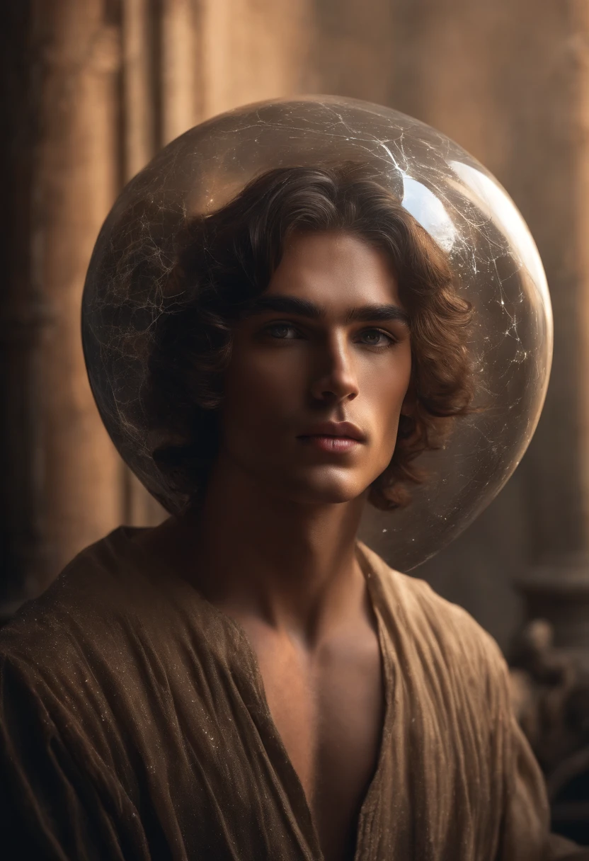 A photo of an old, ornate crystal ball covered in dust and spiderwebs.,original,Sebastian Sallow is a male of average height with bronze brown hair and brown eyes. His skin is slightly tanned and covered in freckles. He has an oval face and is almost constantly smiling. He has full lips and thick brows. His body is lean but still soft.