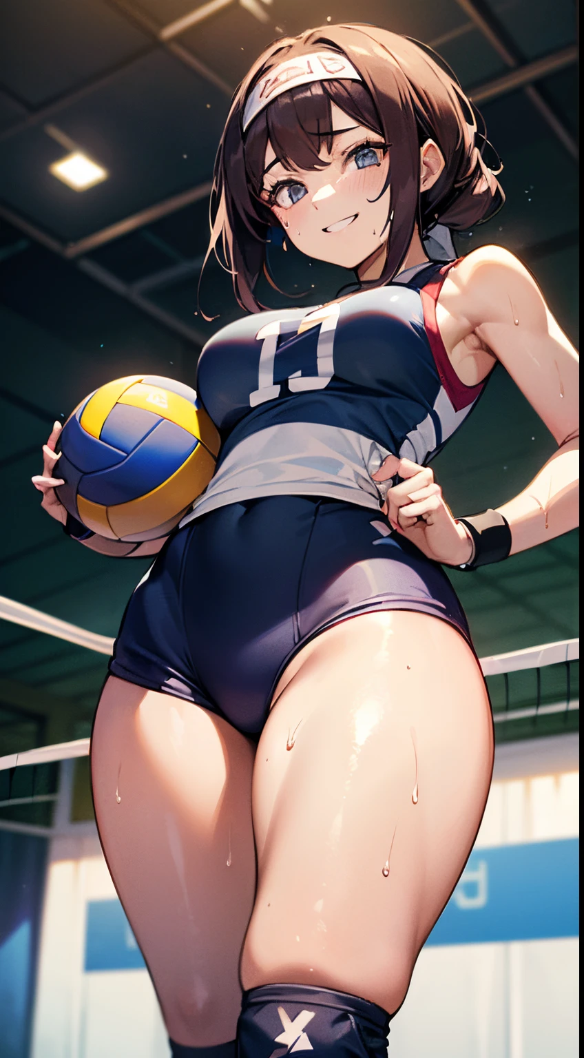 UHD, anatomically correct, 8k, (((masterpiece))), (((best quality))), (((ultra detailed))), (((high-resolution))), ((super fine illustration)), ((Ultimate cutie)), detailed beautiful face, solo, one girl, , (potbelly), (curvy), medium breasts, ((Thick thighs)), shiny hair, evil smile, evil grin, (blush), BREAK, (((buruma))), (sleeveless volleyball uniform), headband, ((wrist bands)), ((kneepads)), BREAK, ((hold the Beautiful spherical shape 6-inch volleyball with both hands)), stylish pose, ((sweat)), (perspired), (heavy breathing), sense of depth, in volleyball court, in gymnasium, lighting, from below, looking at viewers, cowboy shot