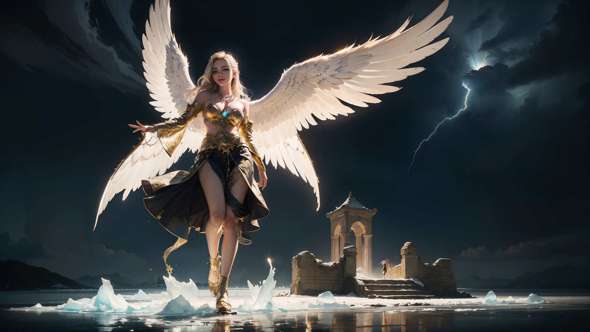 (Numerous award-winning masterpieces, with incredible detail, textures and maximum detail), (hyper realistic:1.4), (realistic:1.3), (best quality real texture skin), (finely detailed true circle Symmetrical eyes), finely detailed face, ((medieval world)), ((The Lord's Arch Angel)), ((The Lord's White Angel)), (icy look in the eye), A beautiful Korean+Chinese Girl , (She has a mischievous smile on her face), (Eyes that glow gold in the dark:1.5), (Angel dancing in the background), (Dramatic Light), (A majestic sight), (Her countenance is gentle and beautiful, but somehow terrifying), ((Large 6 white wings with feathers behind shoulders)), (((Arch Angel wings))), Glass Luxury earrings on the ears, (((dramatic photo))), (twilight), (sunset), (dusk), (Seducing Pose), ((dramatic pose)), (silver hair), (chestnut hair), Long hair, ((Full-length portrait)), ((looks up)), ((looking down)), ((full-body standing image)), ((gives full-body standing image)), (Around her neck is a Luxury necklace), (Swirling flames), (Swirling lightning), (swirling ice and snow), Old ruins infested with plants, great temple, great cathedral, temple ruins, detached temple, Luminous magic circle, Ruins of an ancient castle, Deserted ruins, crumbling ruins, Ancient ruins with clear water, wavelets, running water, Shining majestic cloud masses and sky, lightning bolt, epic realistic, ((neutral colors)), (hdr:1.5), (muted colors:1.2), hyper detailed, cinematic, warm lights, dramatic light, (intricate details:1.1), complex background, space