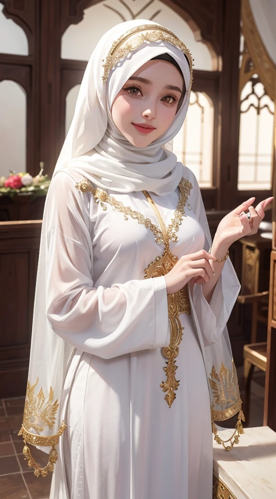 Bella, a veiled girl wearing a white hijab, a hidden hijab, a religious girl, a respectable girl wearing a white abaya with golden decorations and engravings, hazel eyes, white skin, pink lips, a refreshing smile, a lively girl, a movie scene, high resolution, high quality.