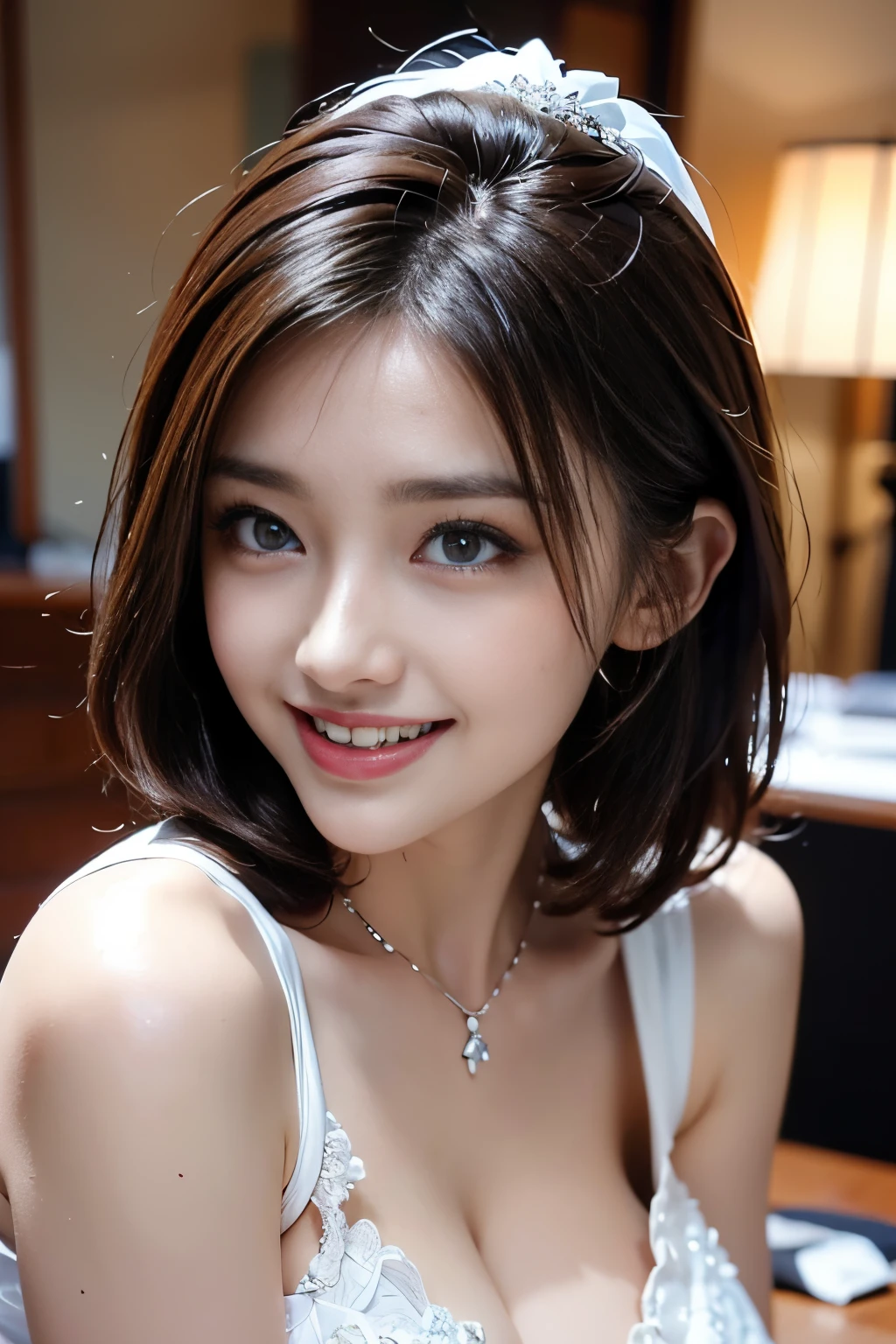 ((The Ultimate Beautiful Japan Married Woman))、Mature、Beautiful facial features、(Big eyes:1.3), Detailed lips, inely detailed beautiful eyes, Double eyelids, long eyeslashes、(Huge breasts), (Curve), (grin), cparted lips, (Beautiful teeth alignment), red blush, a captivating gaze, (short brunette bob), tmasterpiece，（long legged，Long legs），best qualtiy，Hyper-detailing，illustratio，Fine and detailed eyes and detailed face） allure：brunette color hair，Natural makeup，Random color clothes, Round chest，looking at viewert，独奏，A MILF，Military Office Background